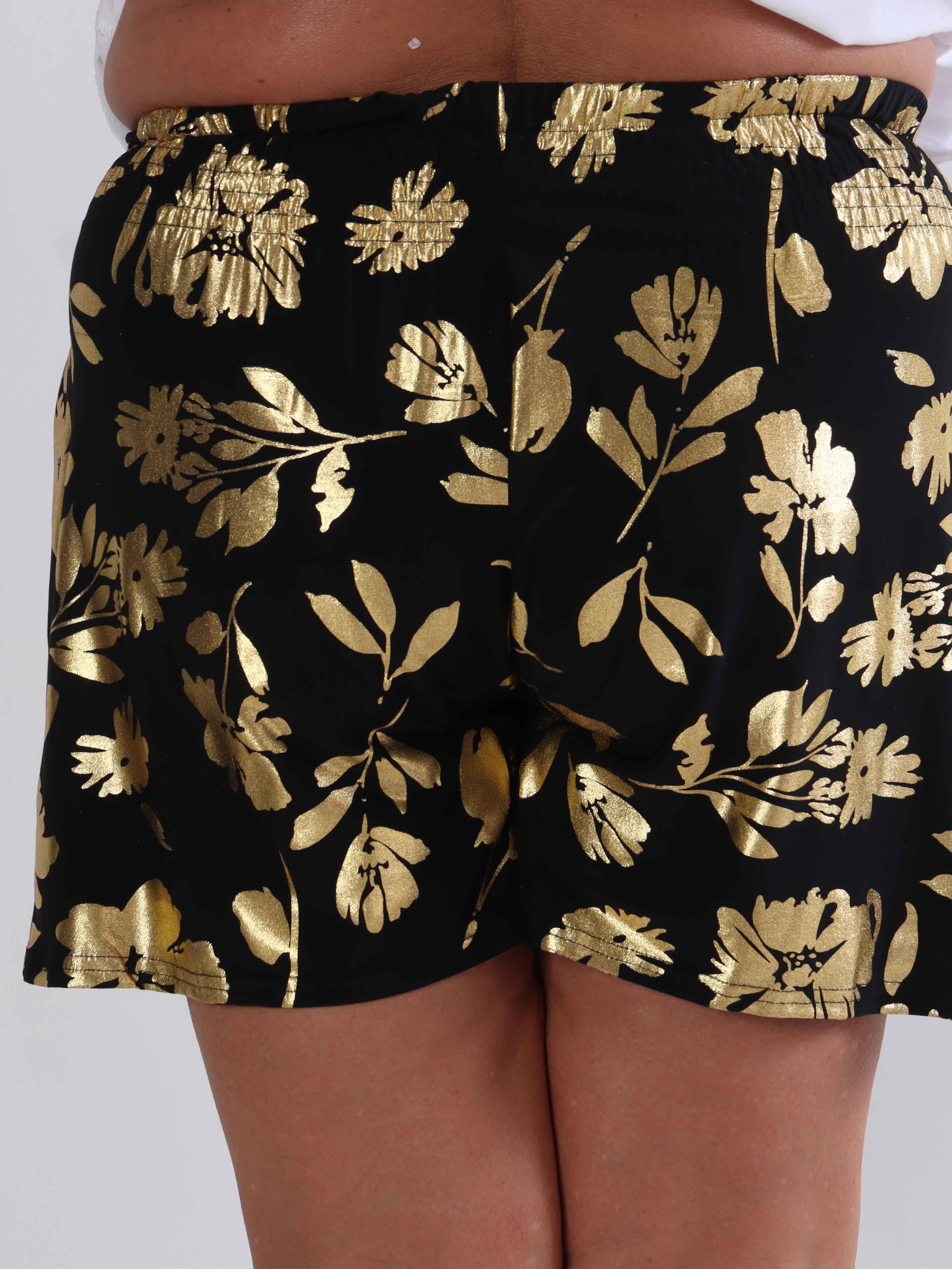 Pams Gold Flower Shorts - Elastiske plus size shorts med guld blade