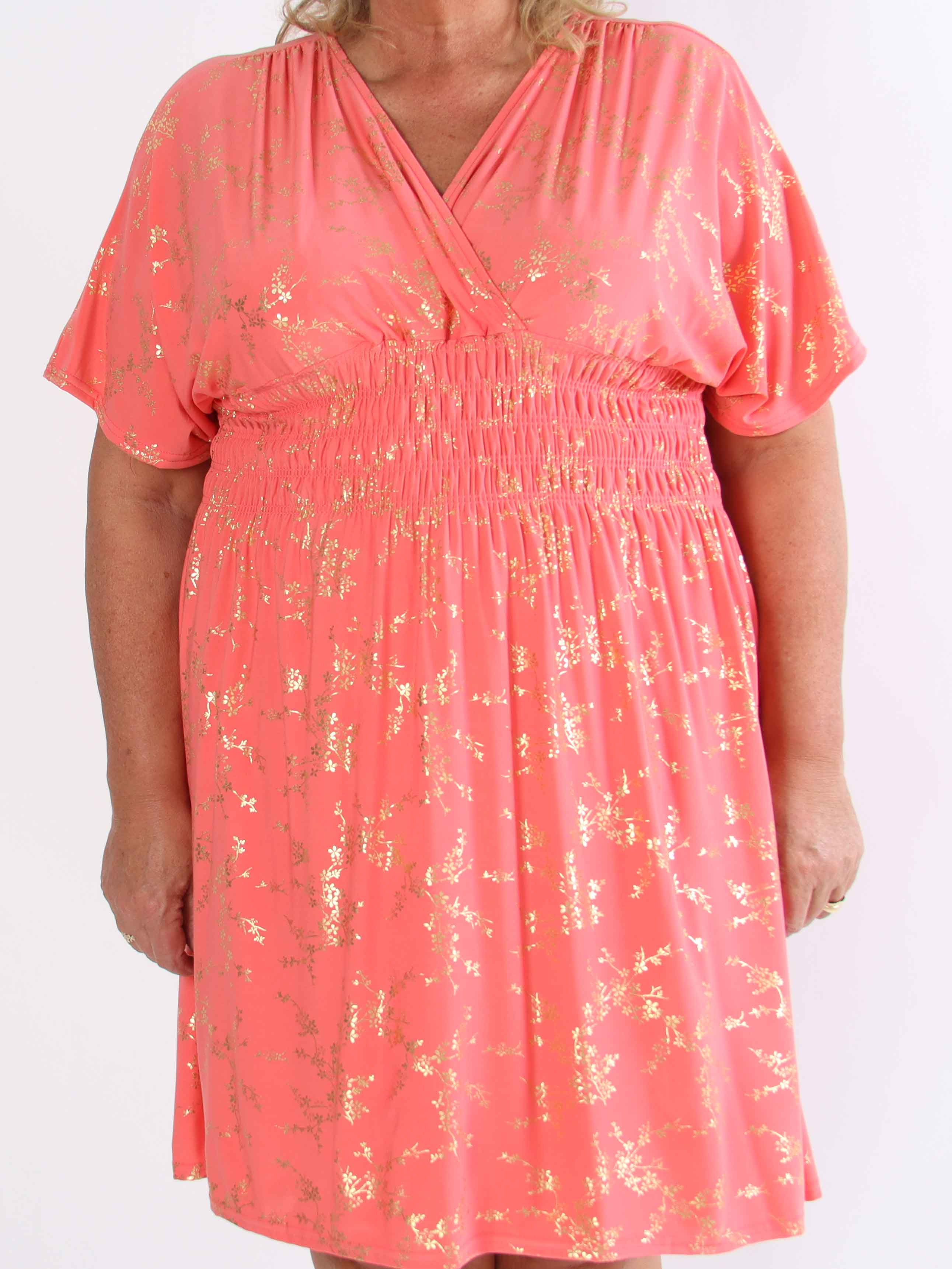 Pams Gold Short - Elastisk plus size kjole detaljeret med guld blomster