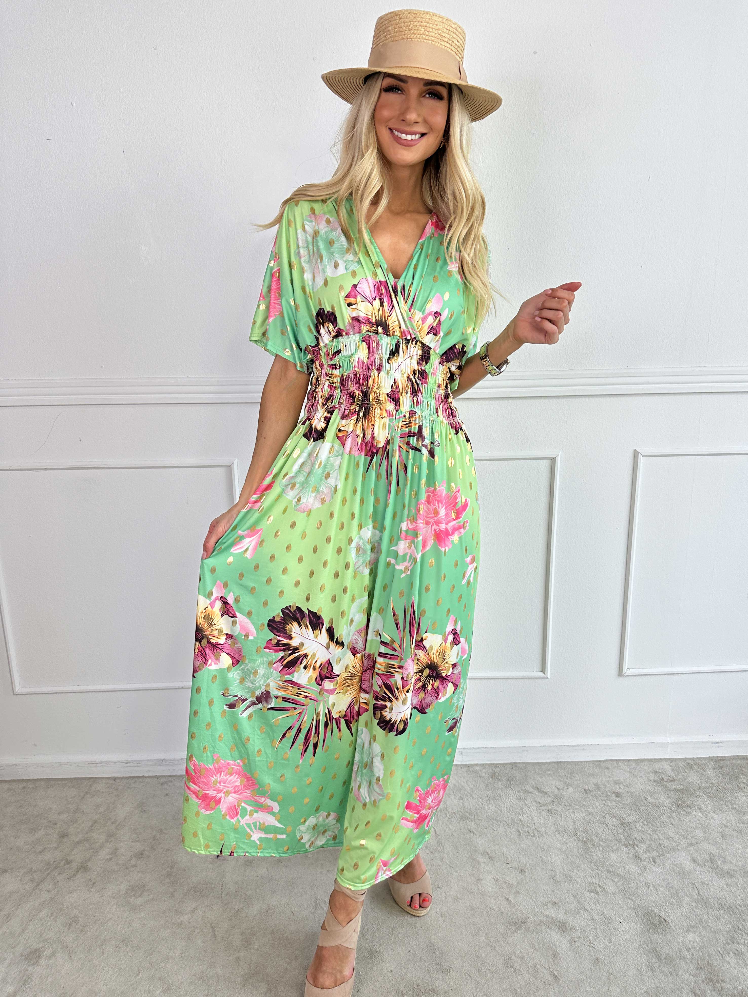 Pams Hawaii - Lang kjole i elastisk stof med blomsterprint