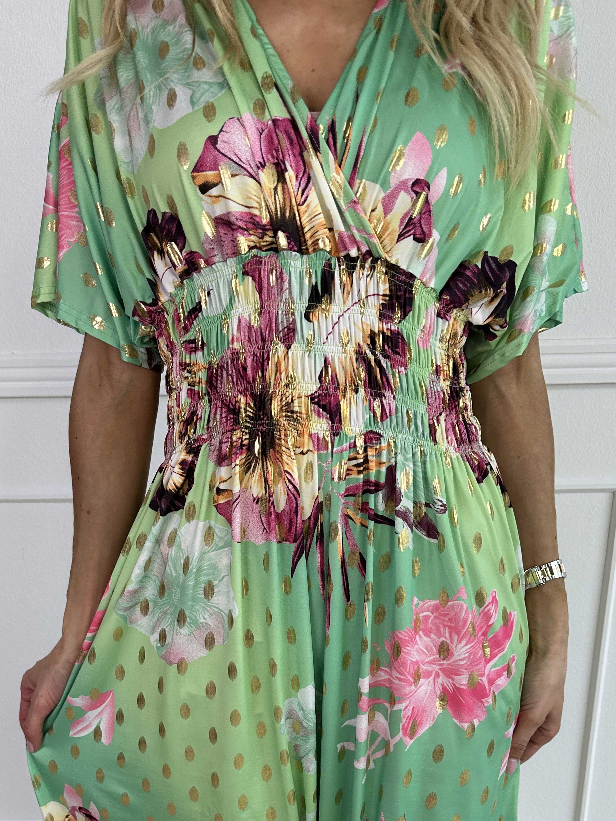 Pams Hawaii - Lang kjole i elastisk stof med blomsterprint