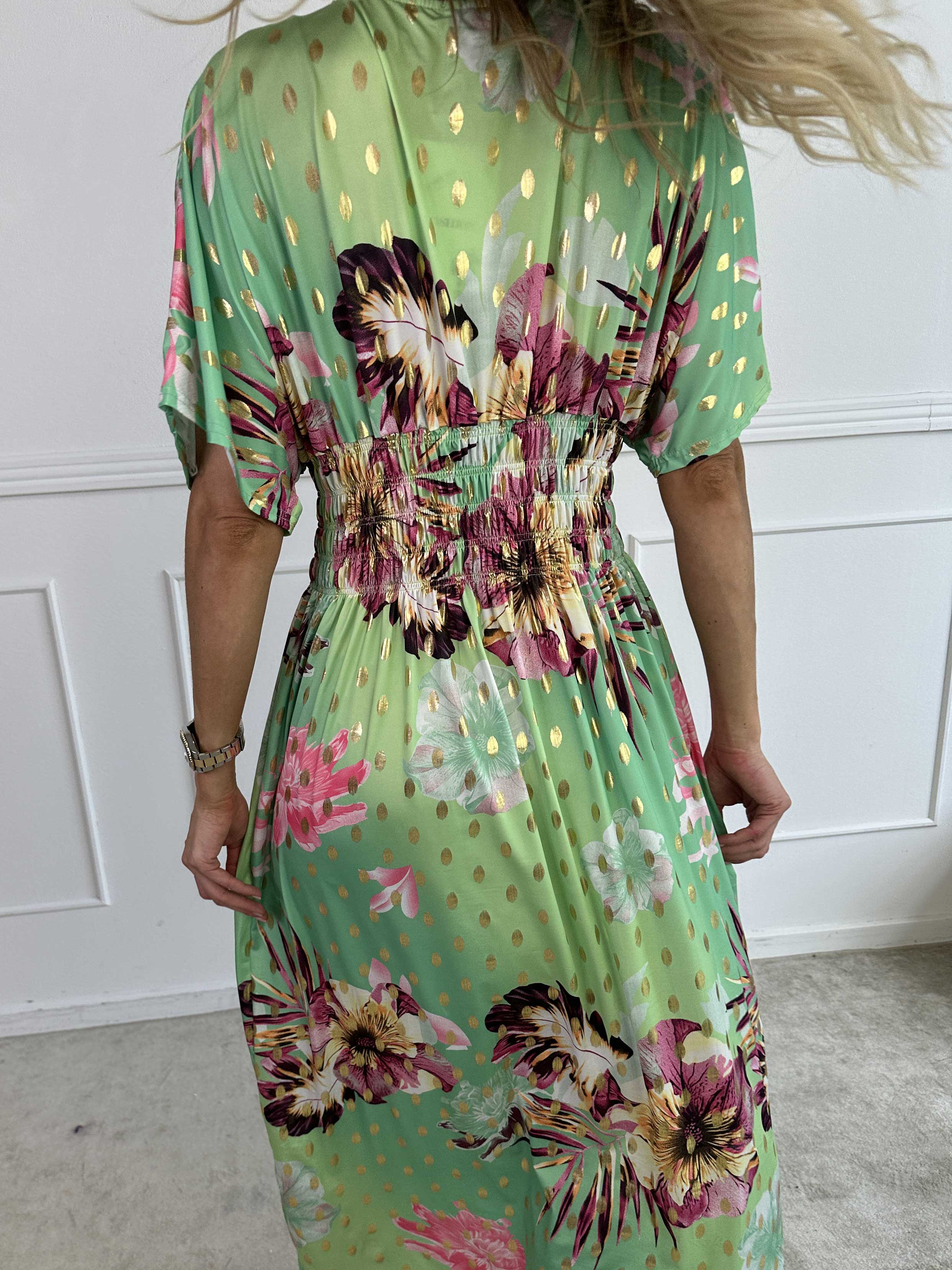 Pams Hawaii - Lang kjole i elastisk stof med blomsterprint