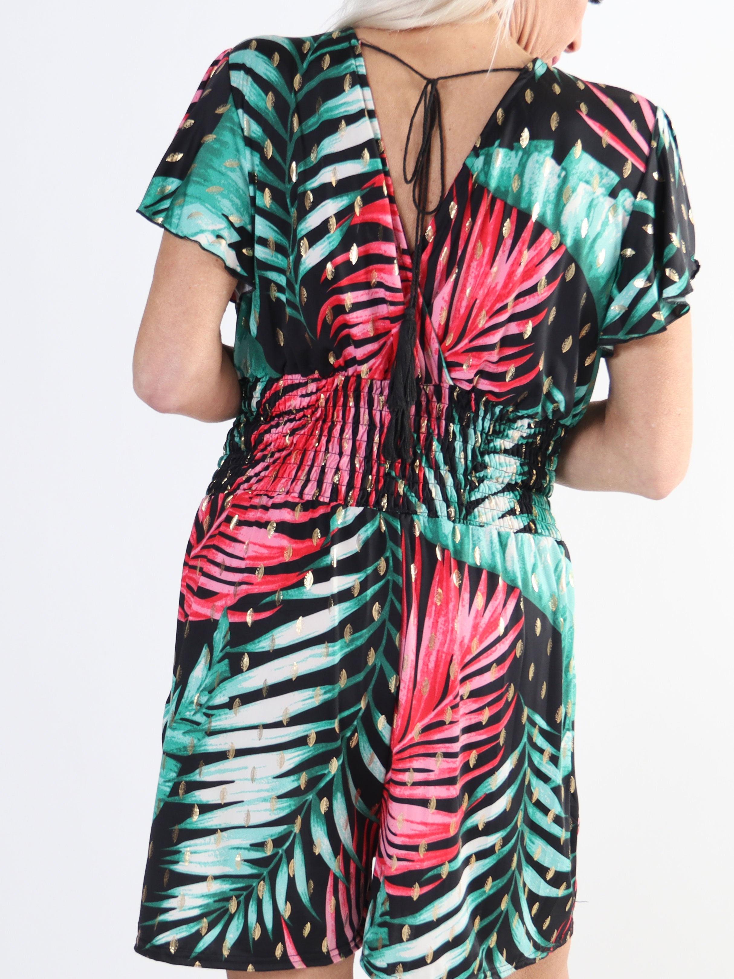 Pams Leaf Playsuit O/B - Mønstret plus size elastisk buksedragt