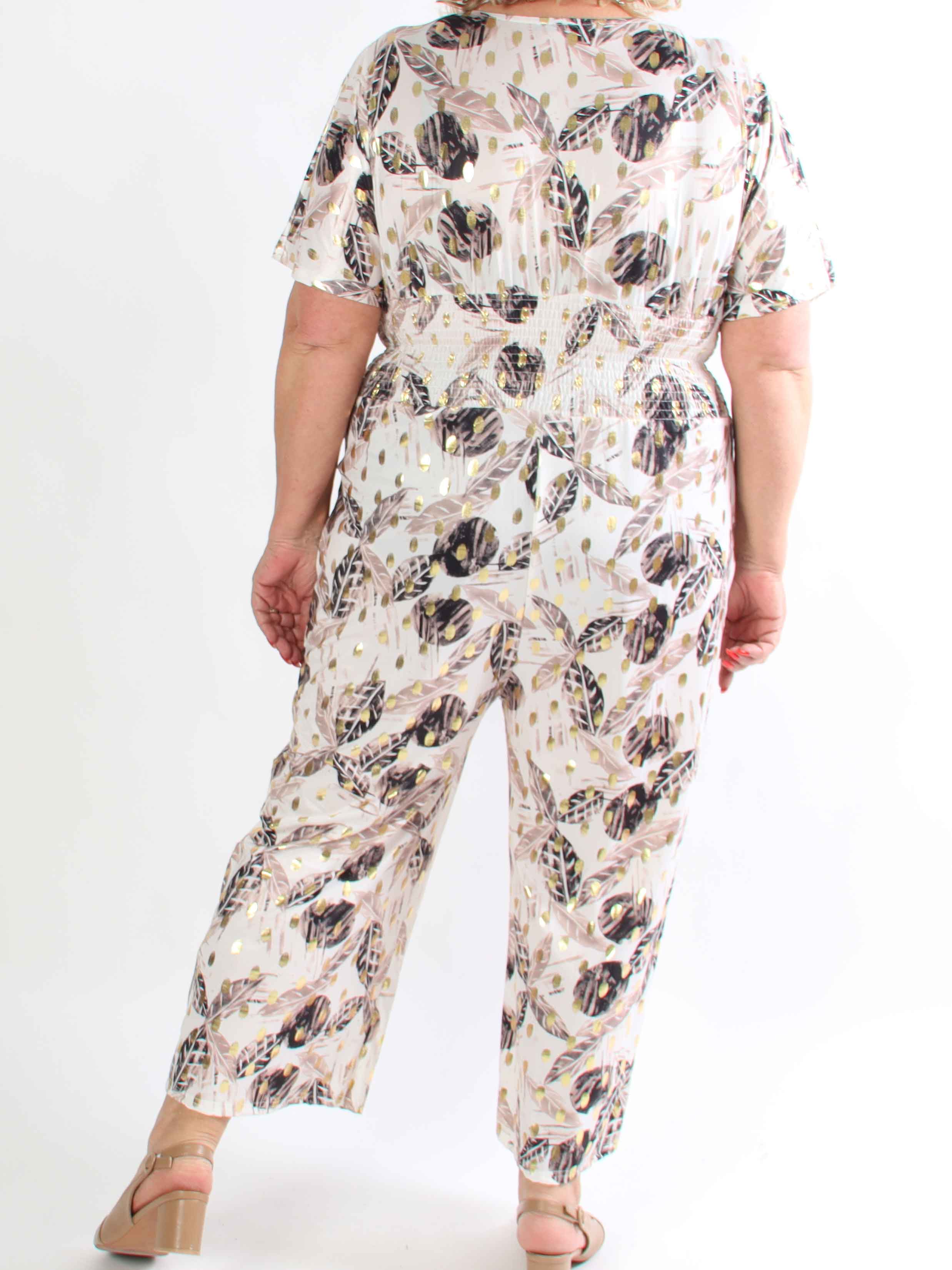 Pams Leafage Jumpsuit - Plus size buksedragt i bladmønster med guld dutter