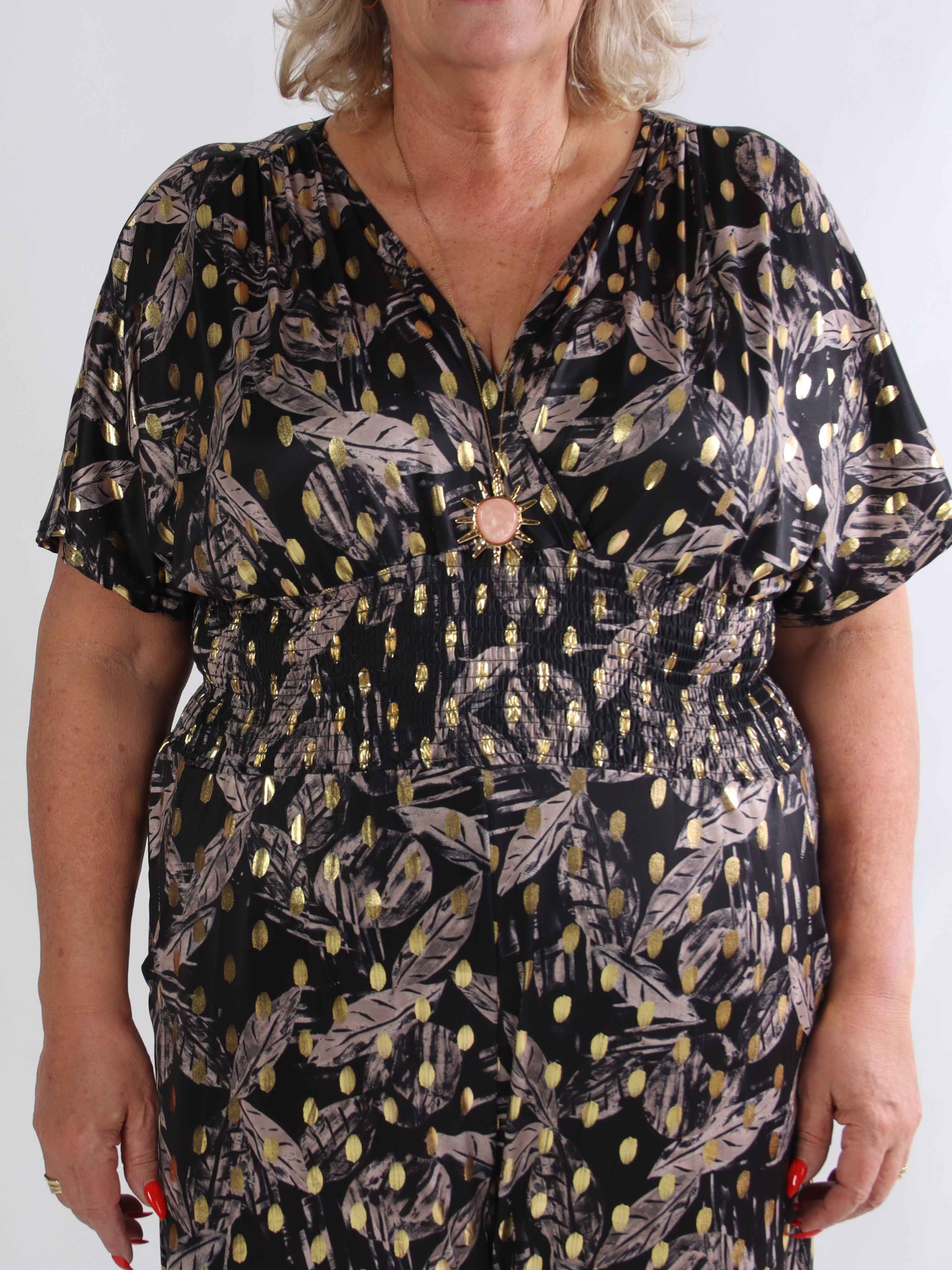 Pams Leafage Jumpsuit - Plus size buksedragt i bladmønster med guld dutter