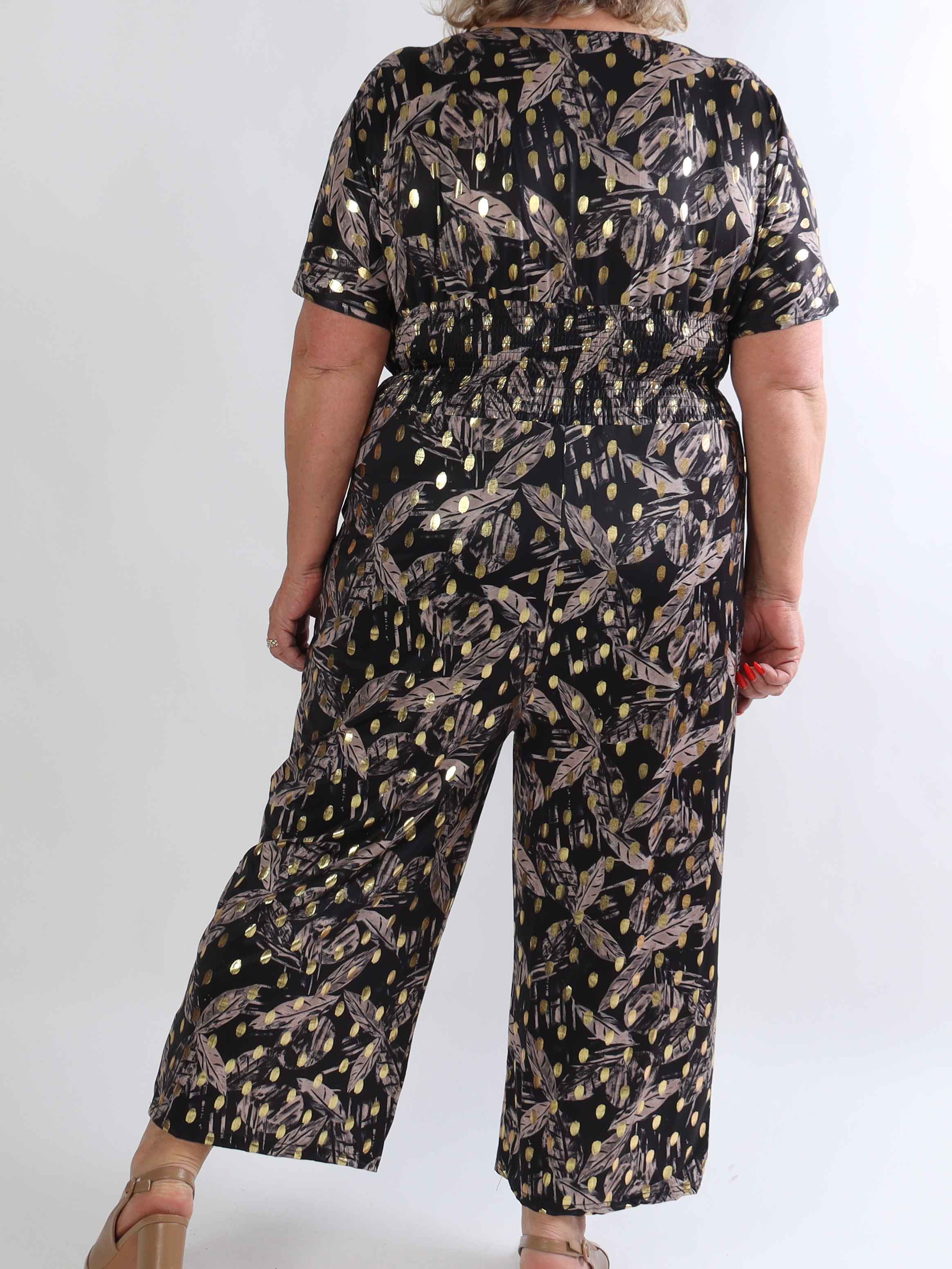 Pams Leafage Jumpsuit - Plus size buksedragt i bladmønster med guld dutter