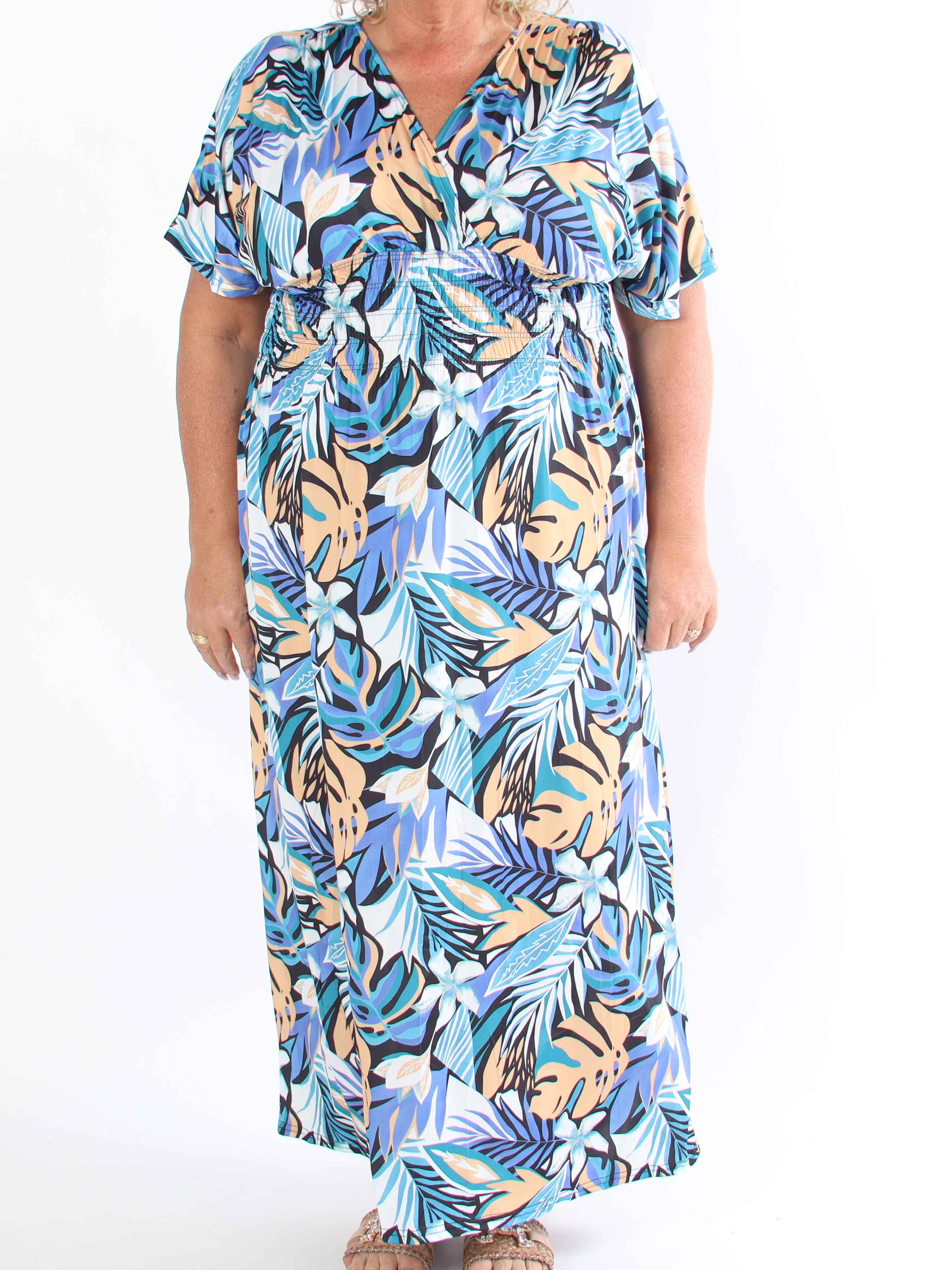 Pams Leaves - Plus size elastisk kjole med bladmotiver og smock i livet