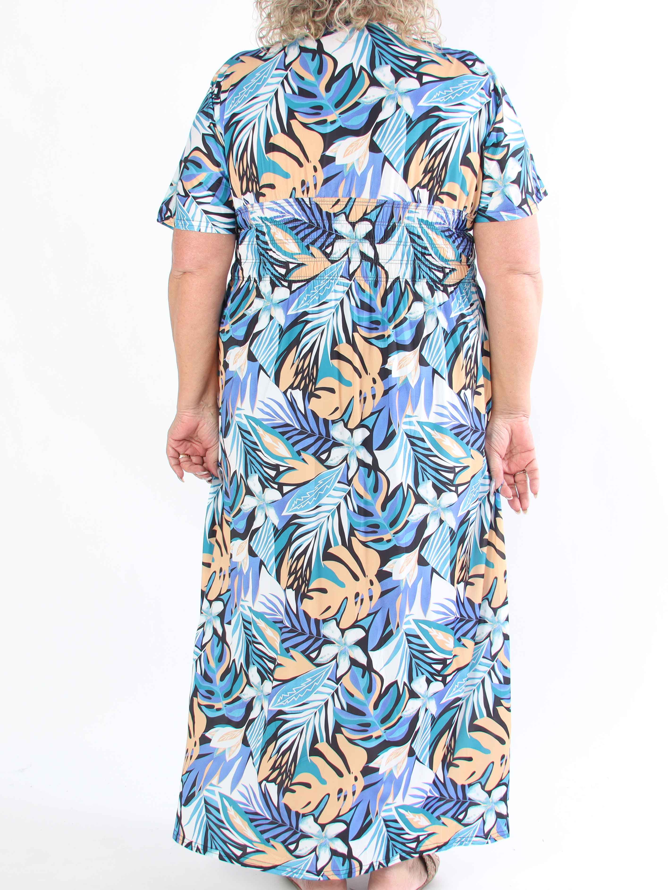 Pams Leaves - Plus size elastisk kjole med bladmotiver og smock i livet