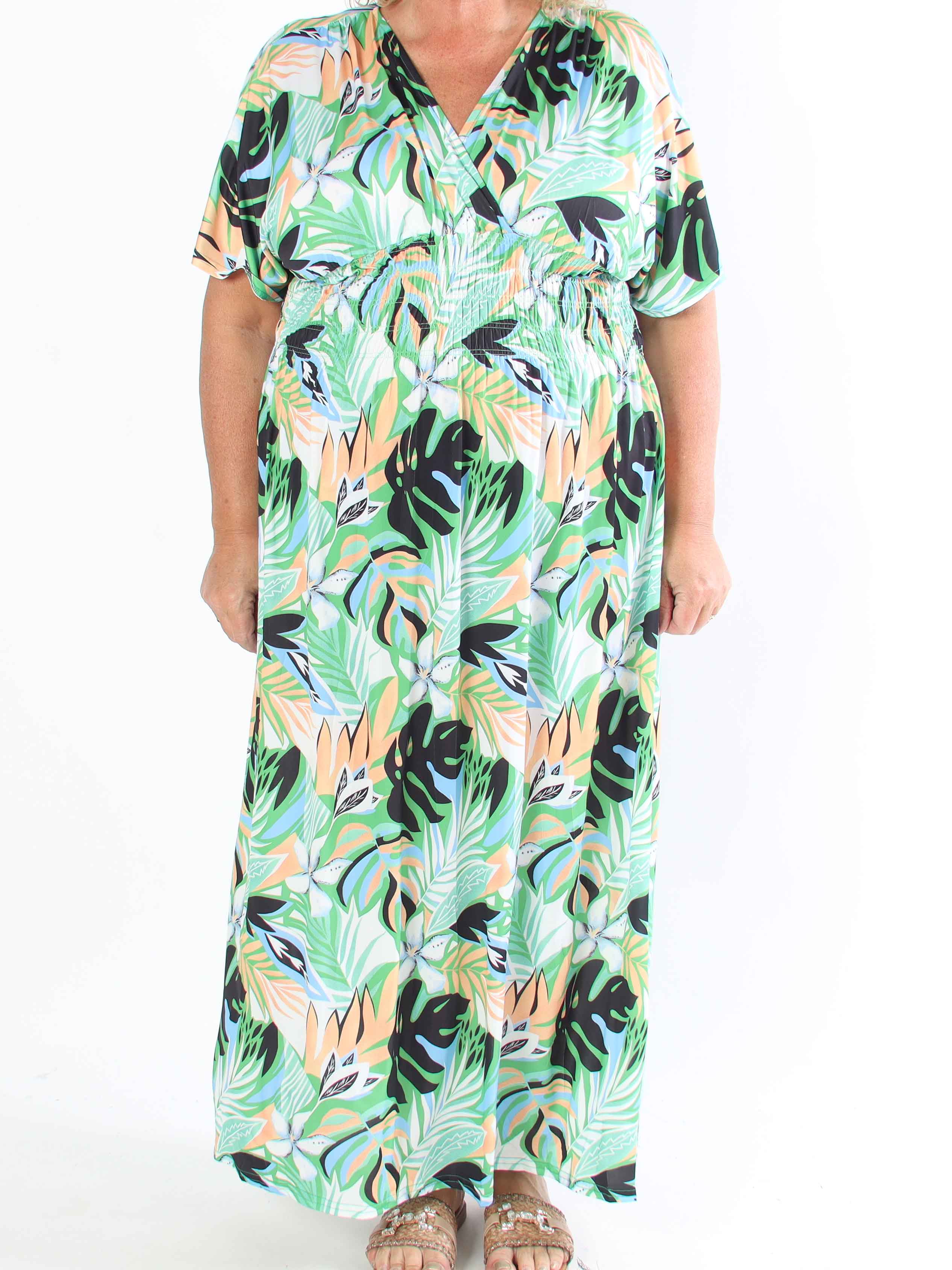 Pams Leaves - Plus size elastisk kjole med bladmotiver og smock i livet