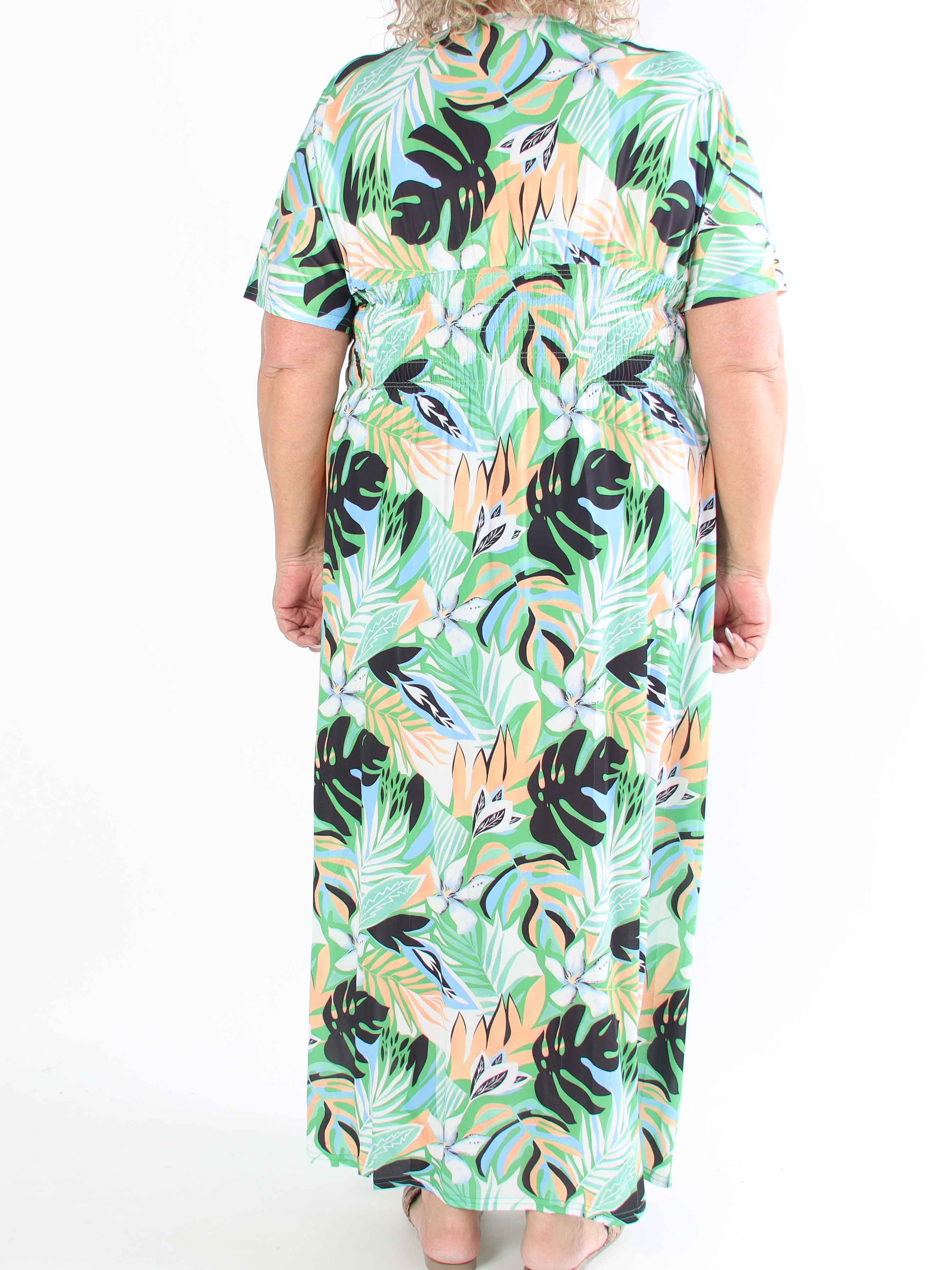 Pams Leaves - Plus size elastisk kjole med bladmotiver og smock i livet