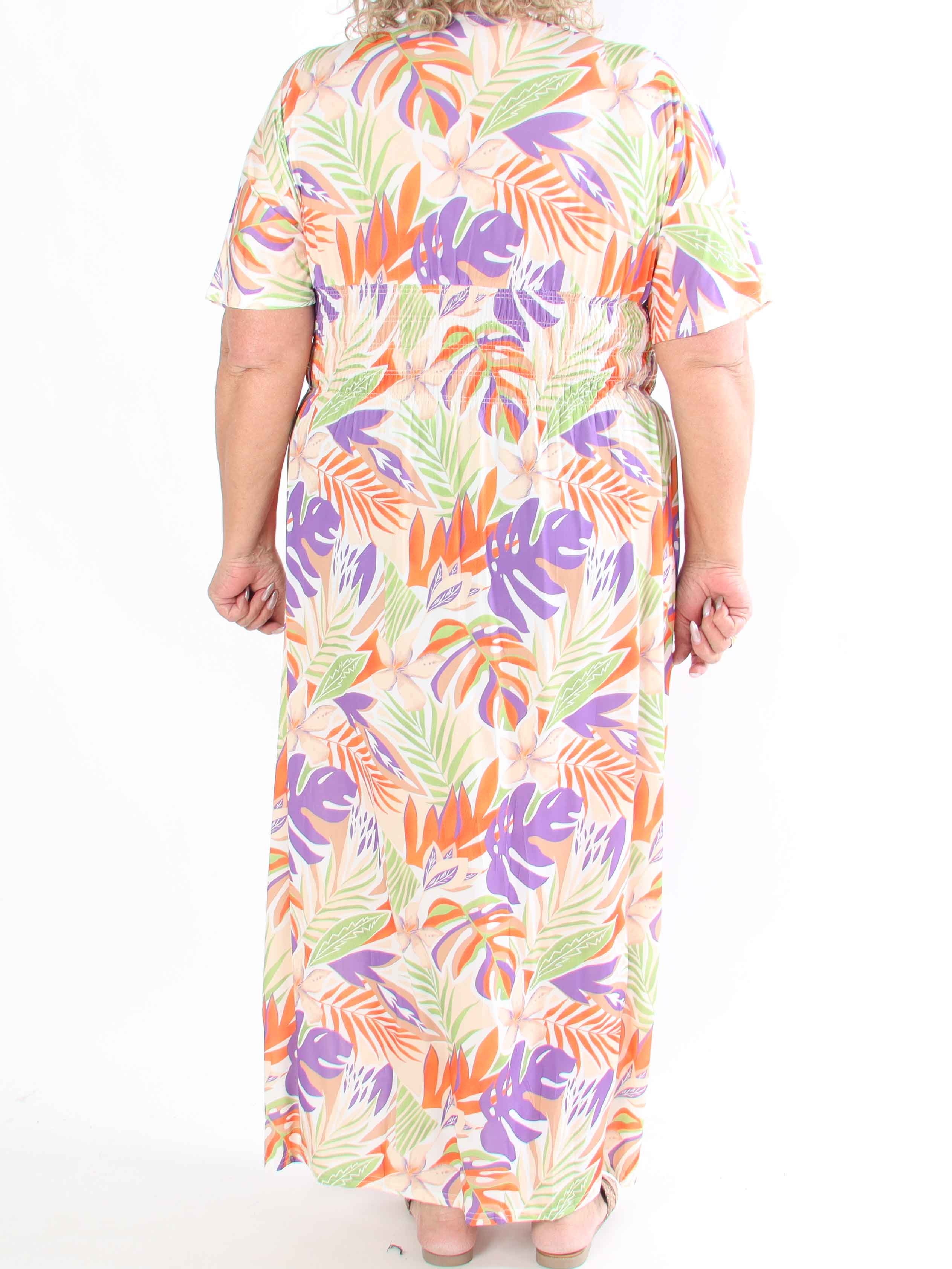 Pams Leaves - Plus size elastisk kjole med bladmotiver og smock i livet