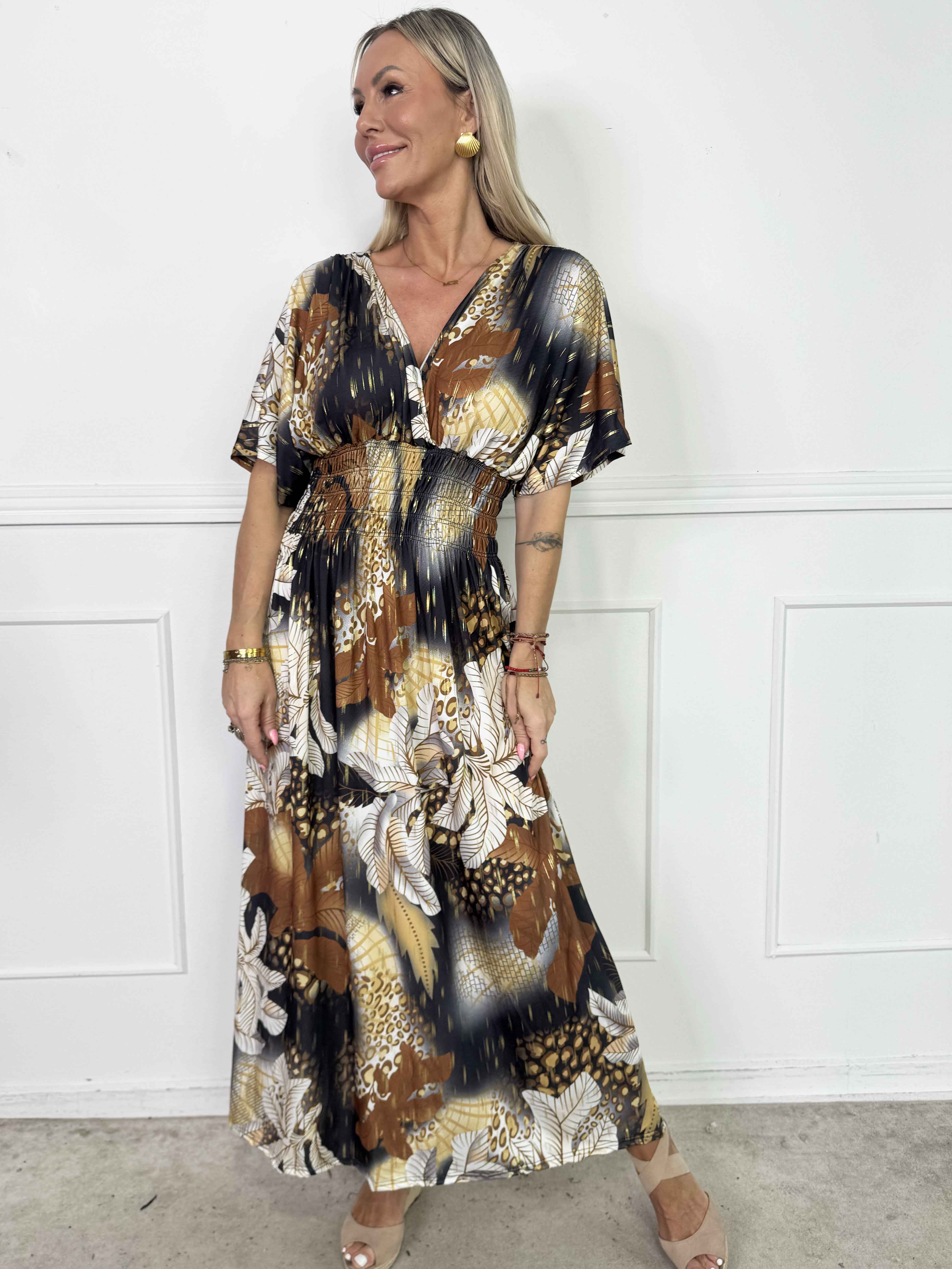 Pams Multi Leo - Lang elastisk kjole med print og guld detaljer