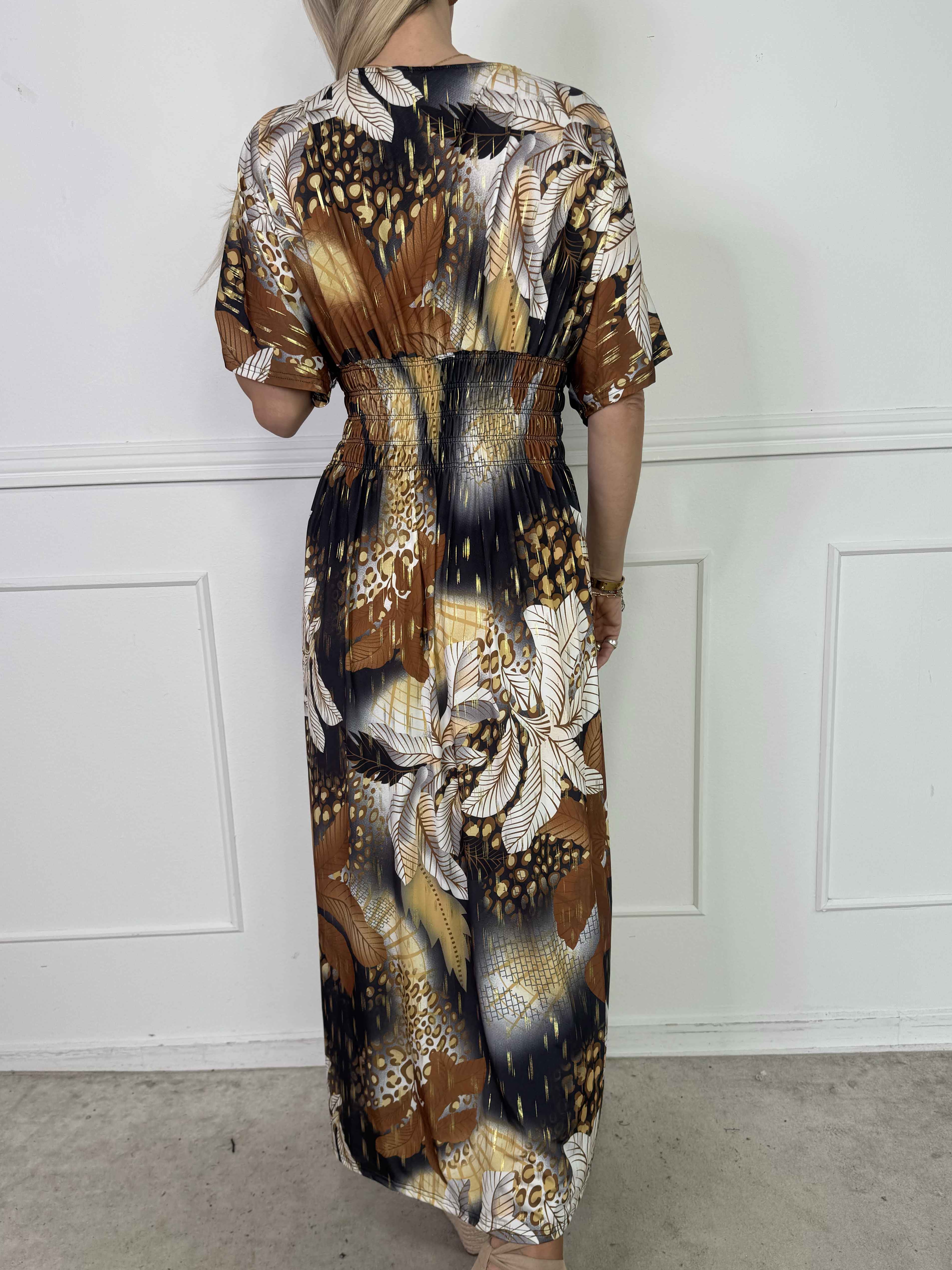 Pams Multi Leo - Lang elastisk kjole med print og guld detaljer