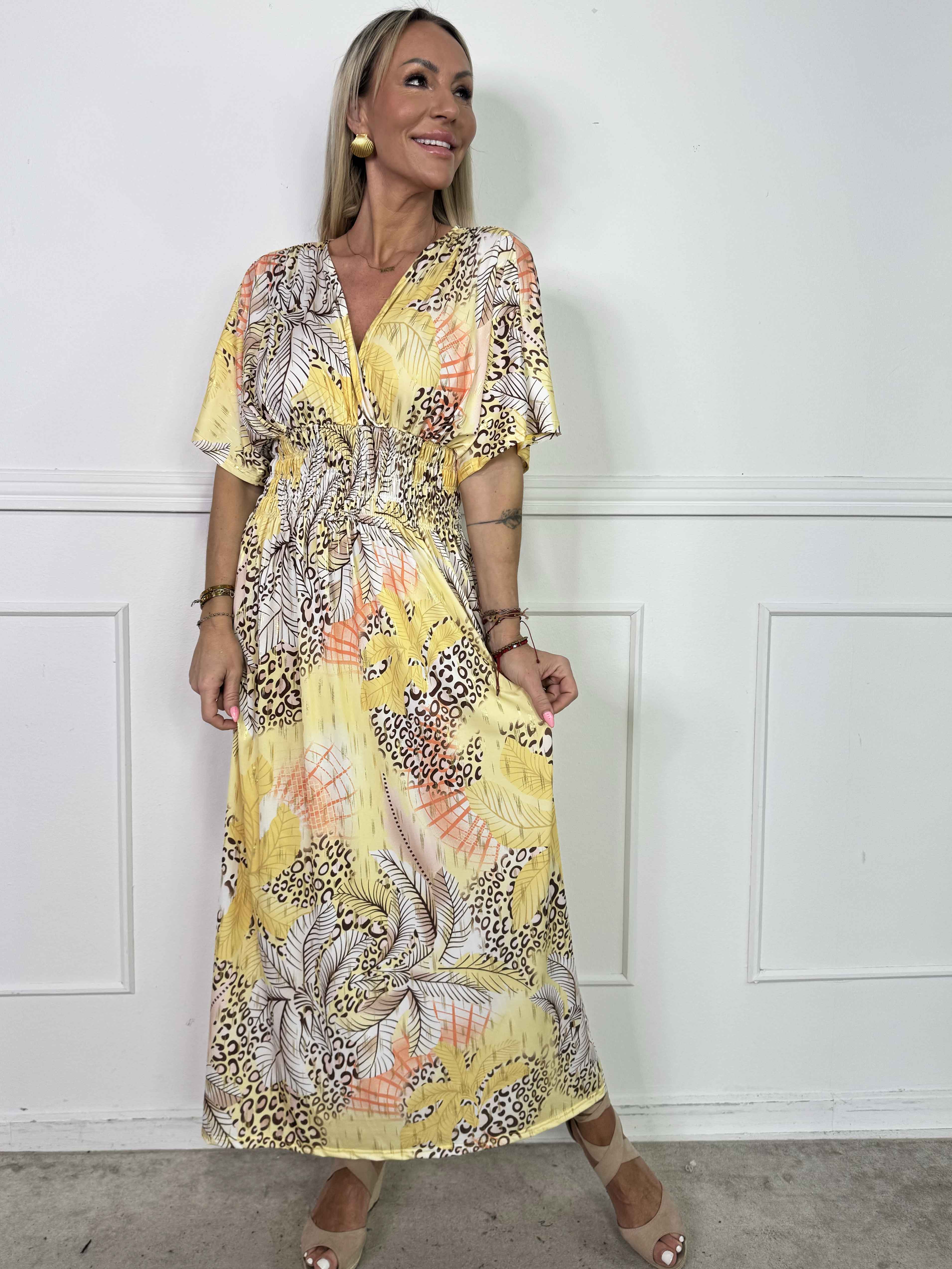 Pams Multi Leo - Lang elastisk kjole med print og guld detaljer