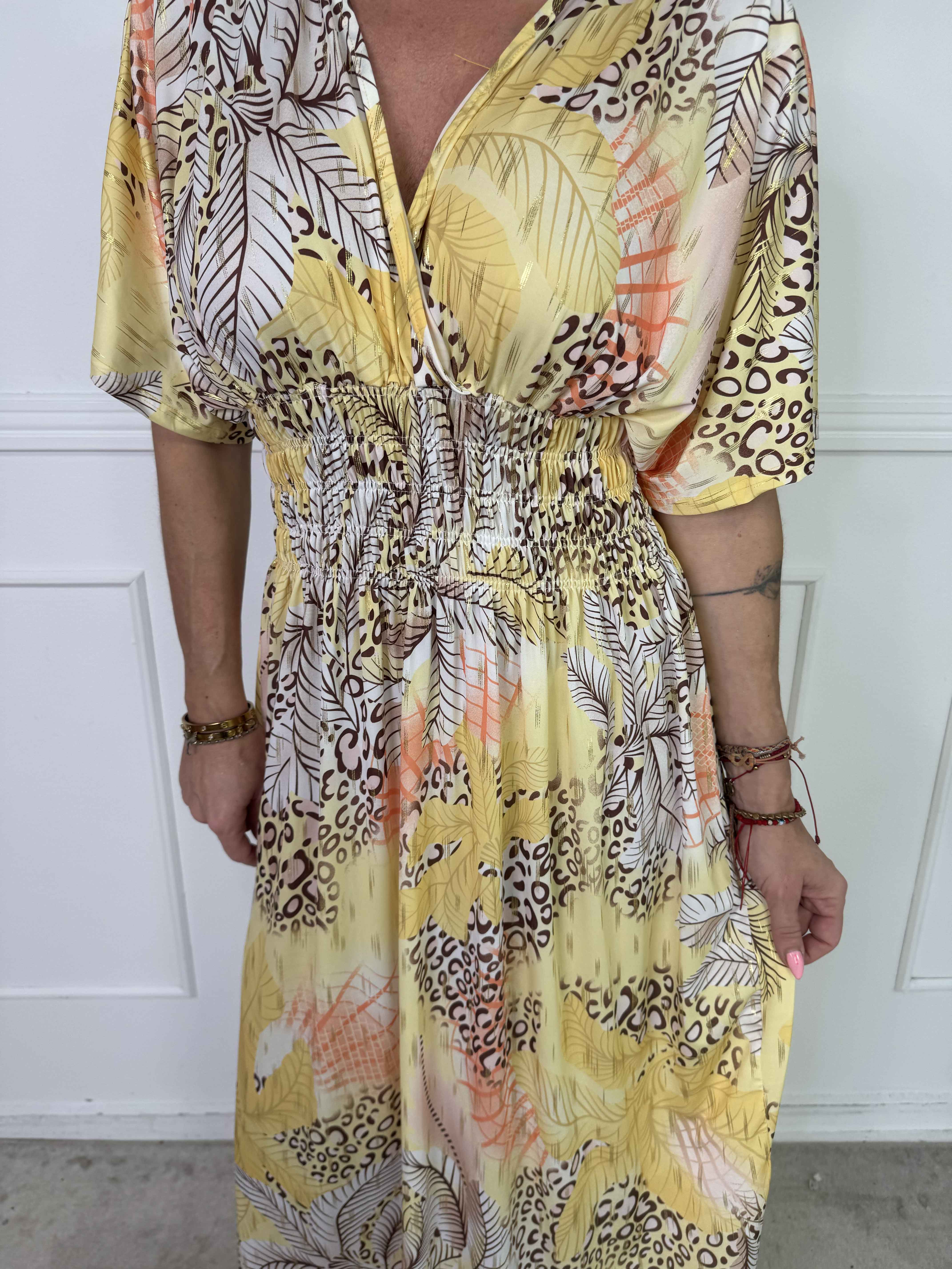 Pams Multi Leo - Lang elastisk kjole med print og guld detaljer