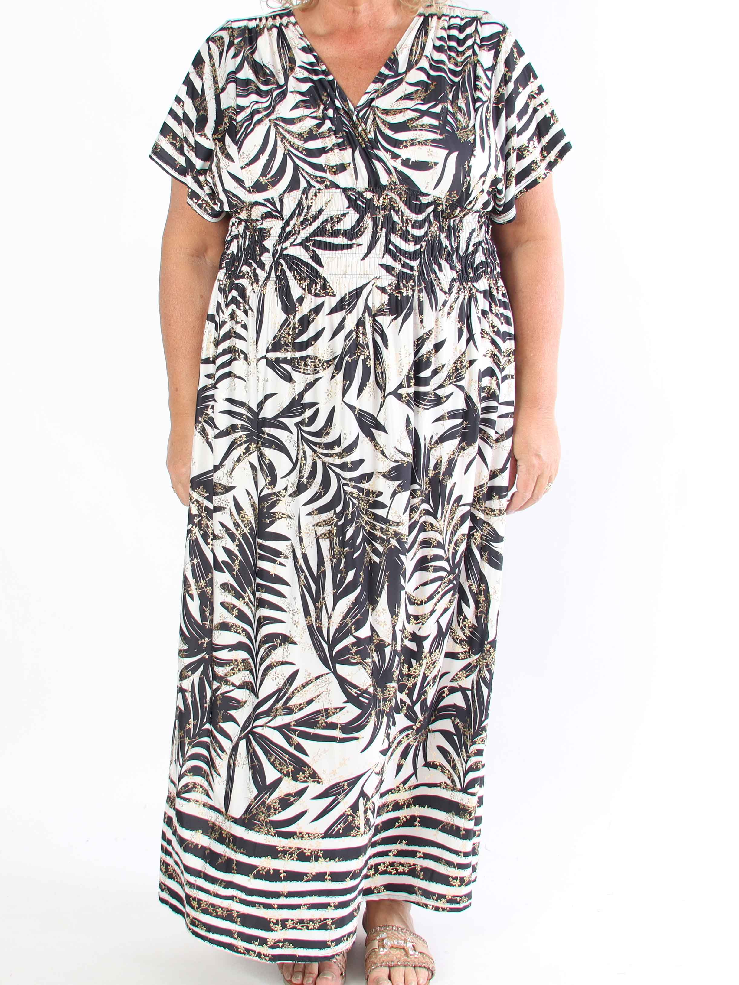 Pams Palm - Lang plus size kjole med palmeblade og smock i livet