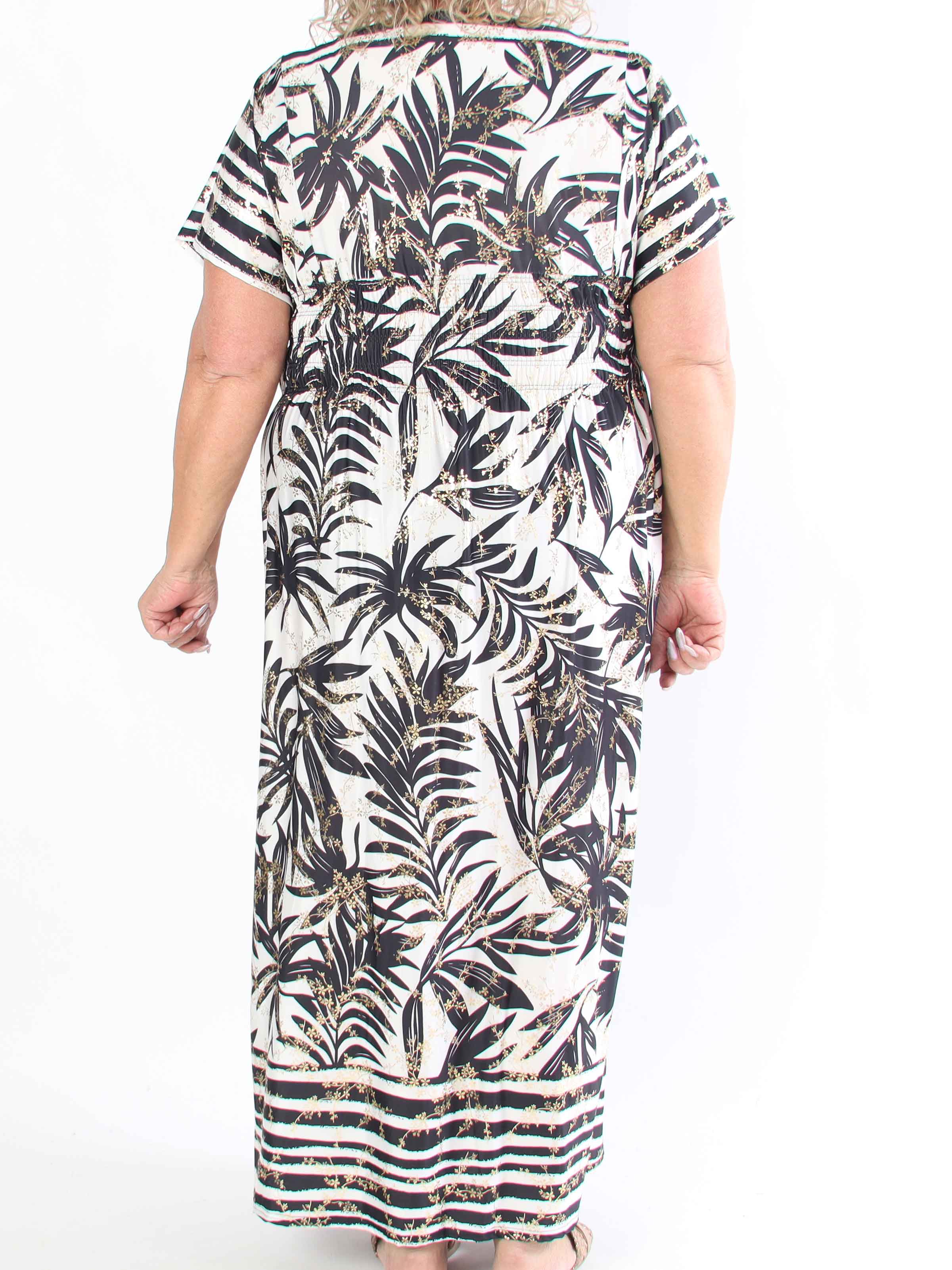 Pams Palm - Lang plus size kjole med palmeblade og smock i livet