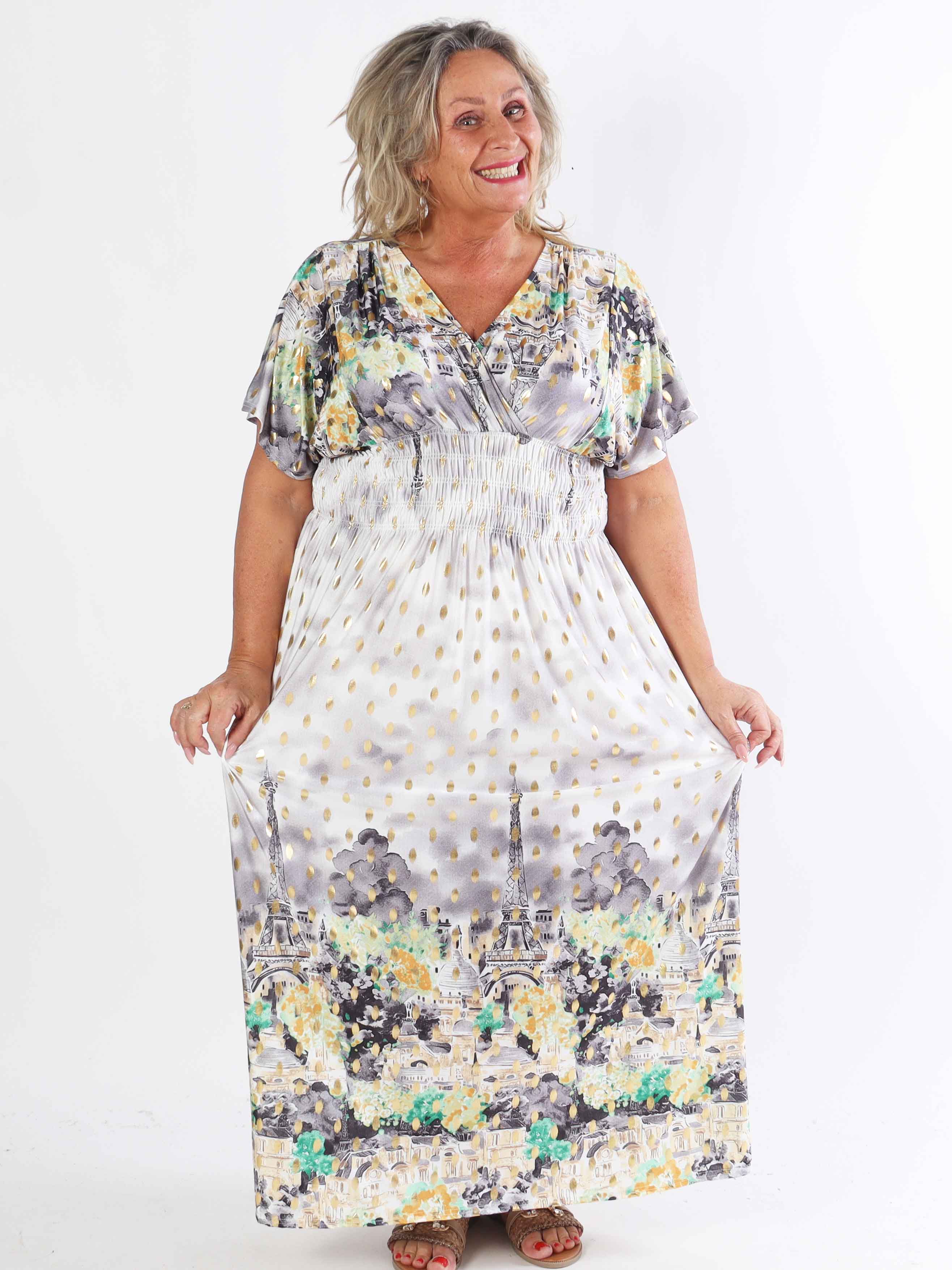 Pams Paris - Lang elastisk plus size kjole med guld dutter