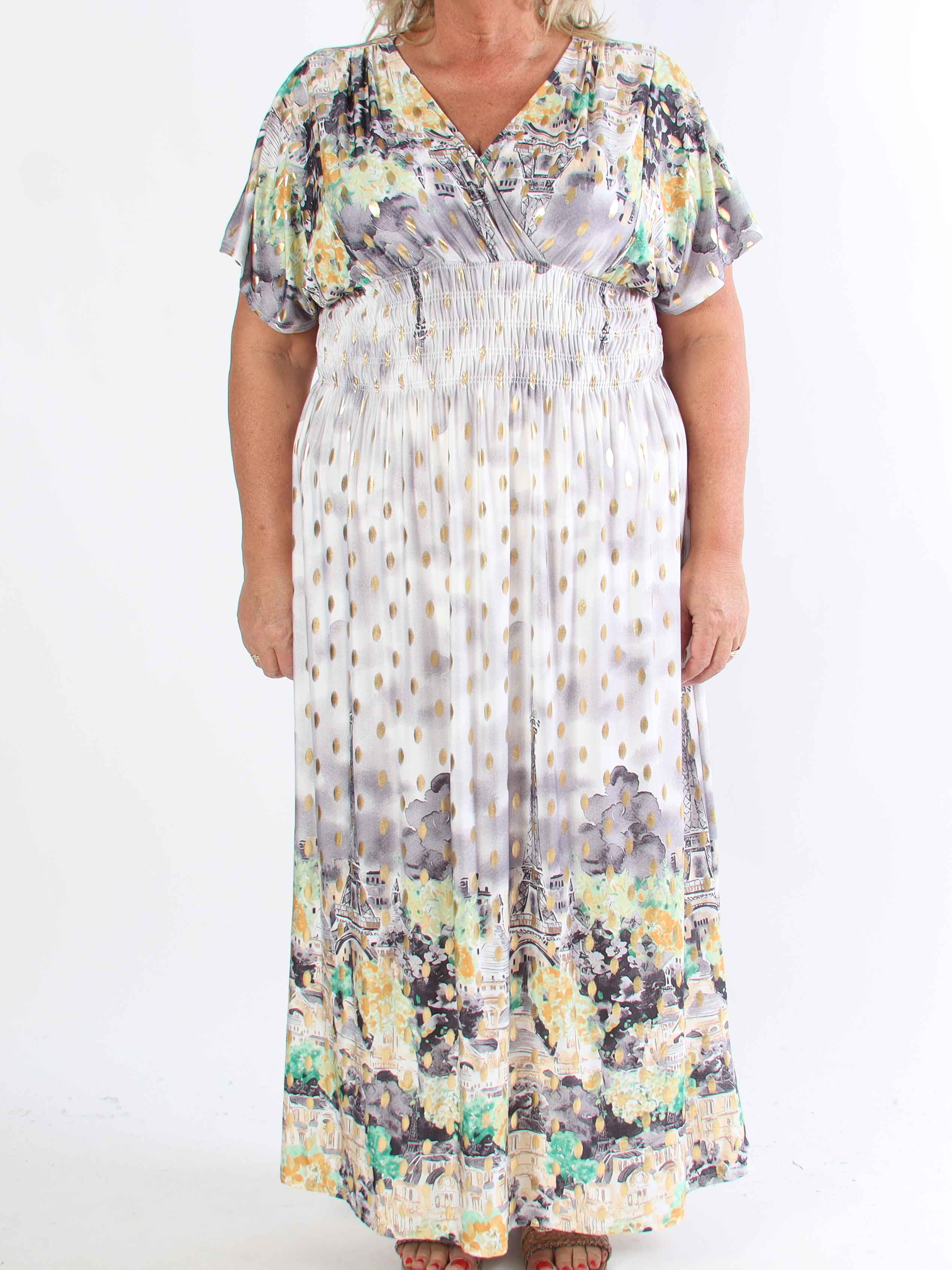 Pams Paris - Lang elastisk plus size kjole med guld dutter