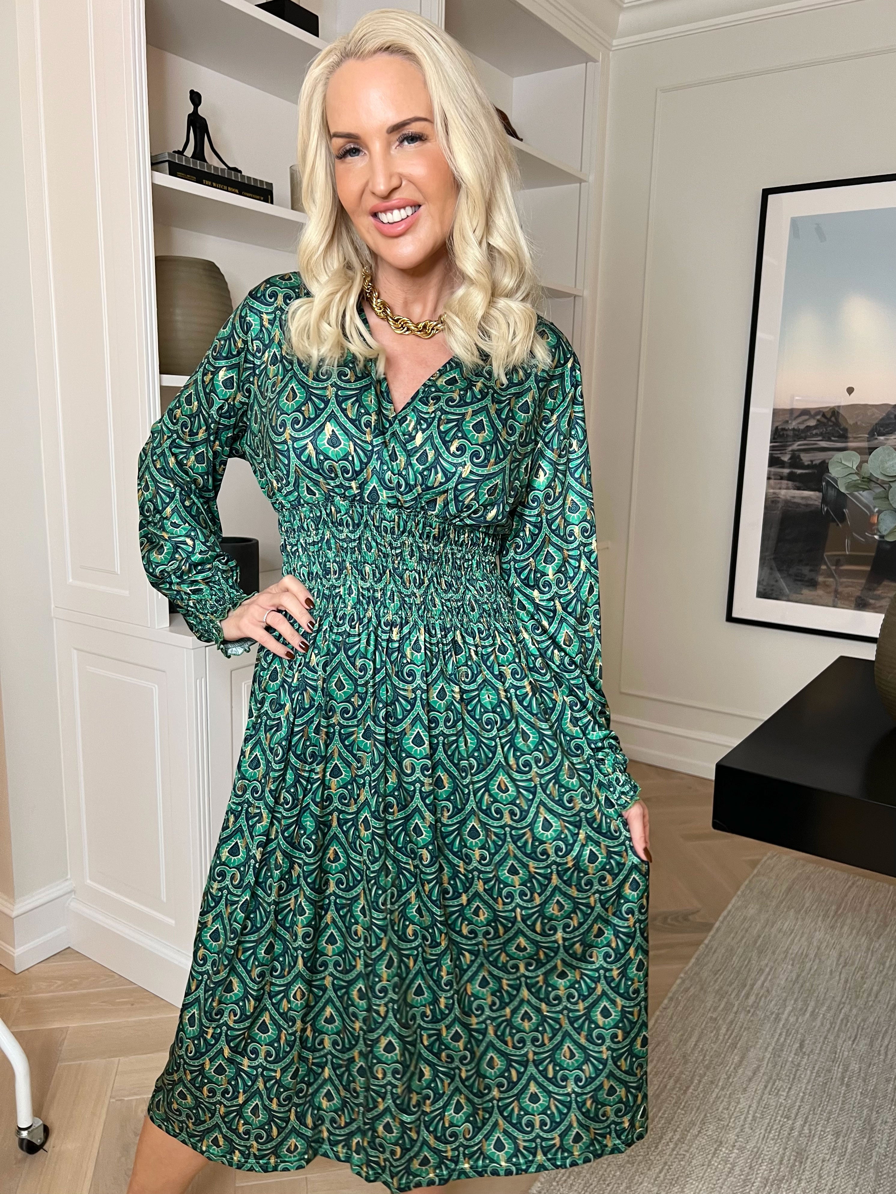 Pams Pattern Midi L/S - Elastisk kjole i krølfrit stof med lange ærmer