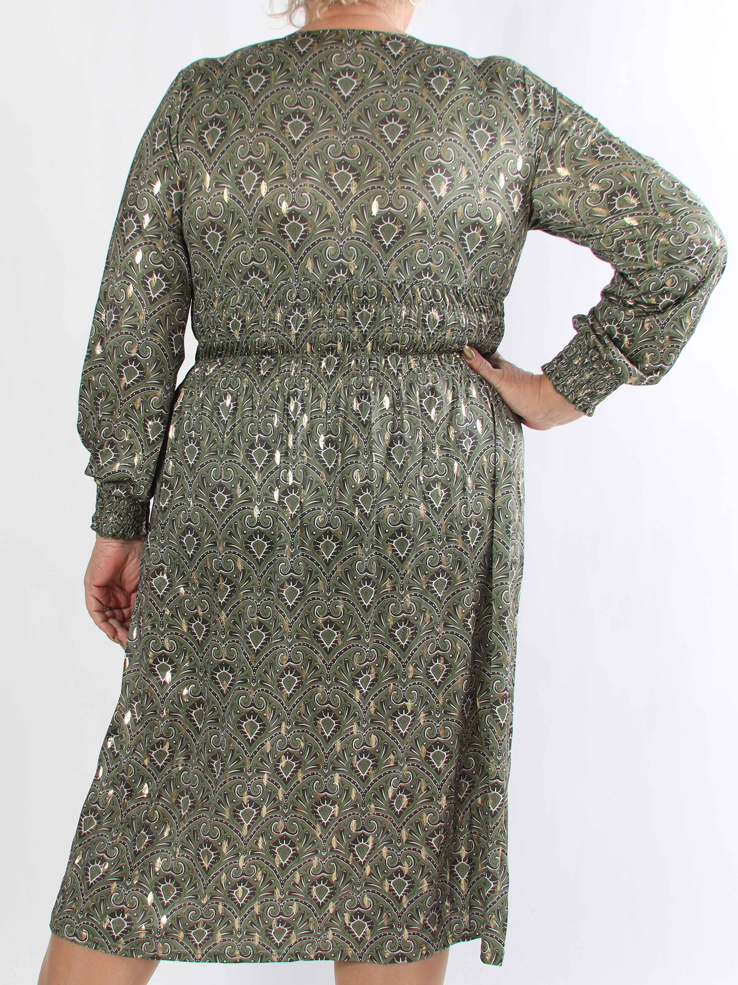 Pams Pattern Midi L/S - Plus size kjole i krølfrit stof med lange ærmer
