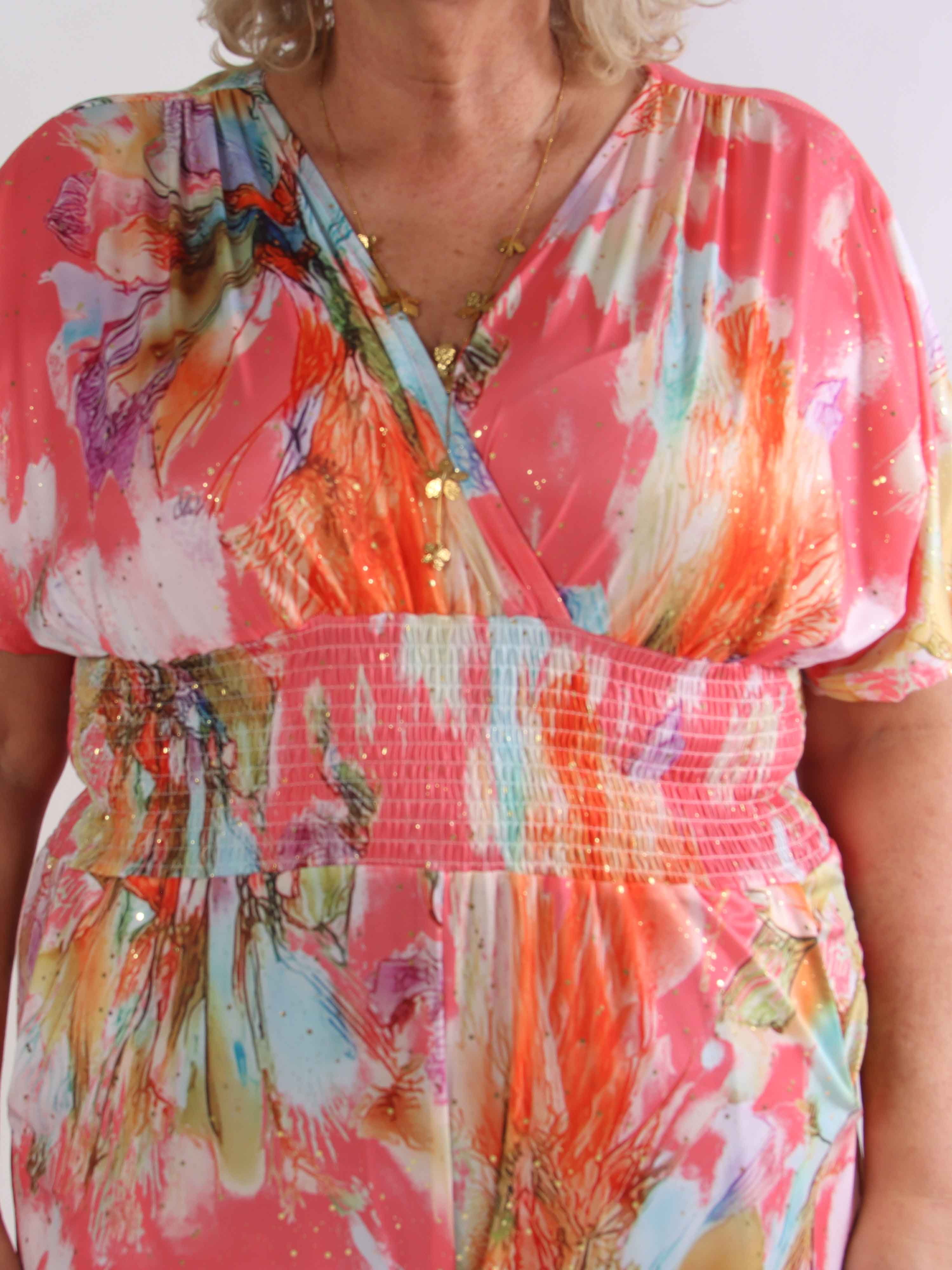 Pams Print Jumpsuit - Elastisk mønstret plus size buksedragt med guld støv