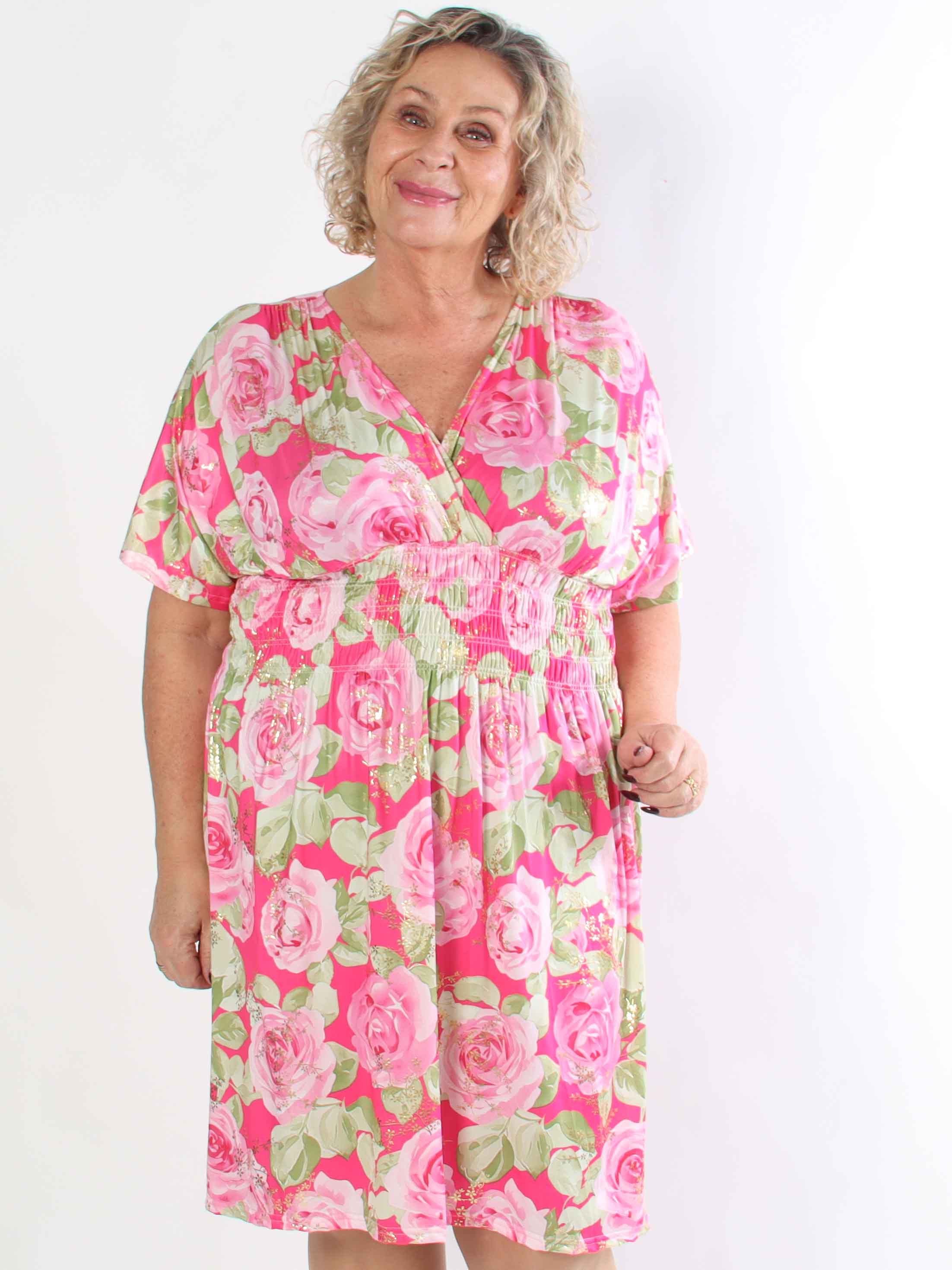 Pams Rose Short - Plus size kjole med blomstermotiver og guld blade