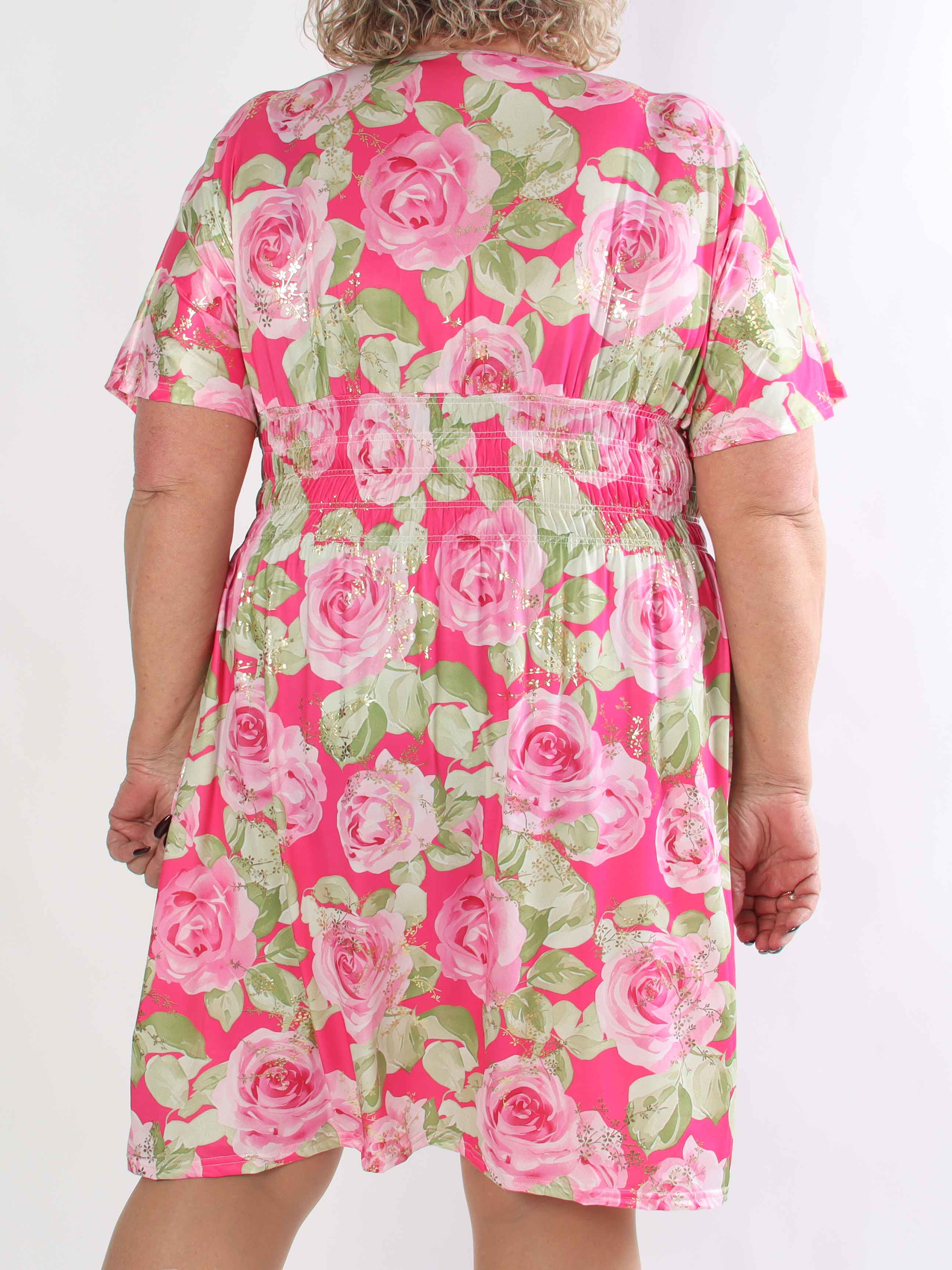 Pams Rose Short - Plus size kjole med blomstermotiver og guld blade