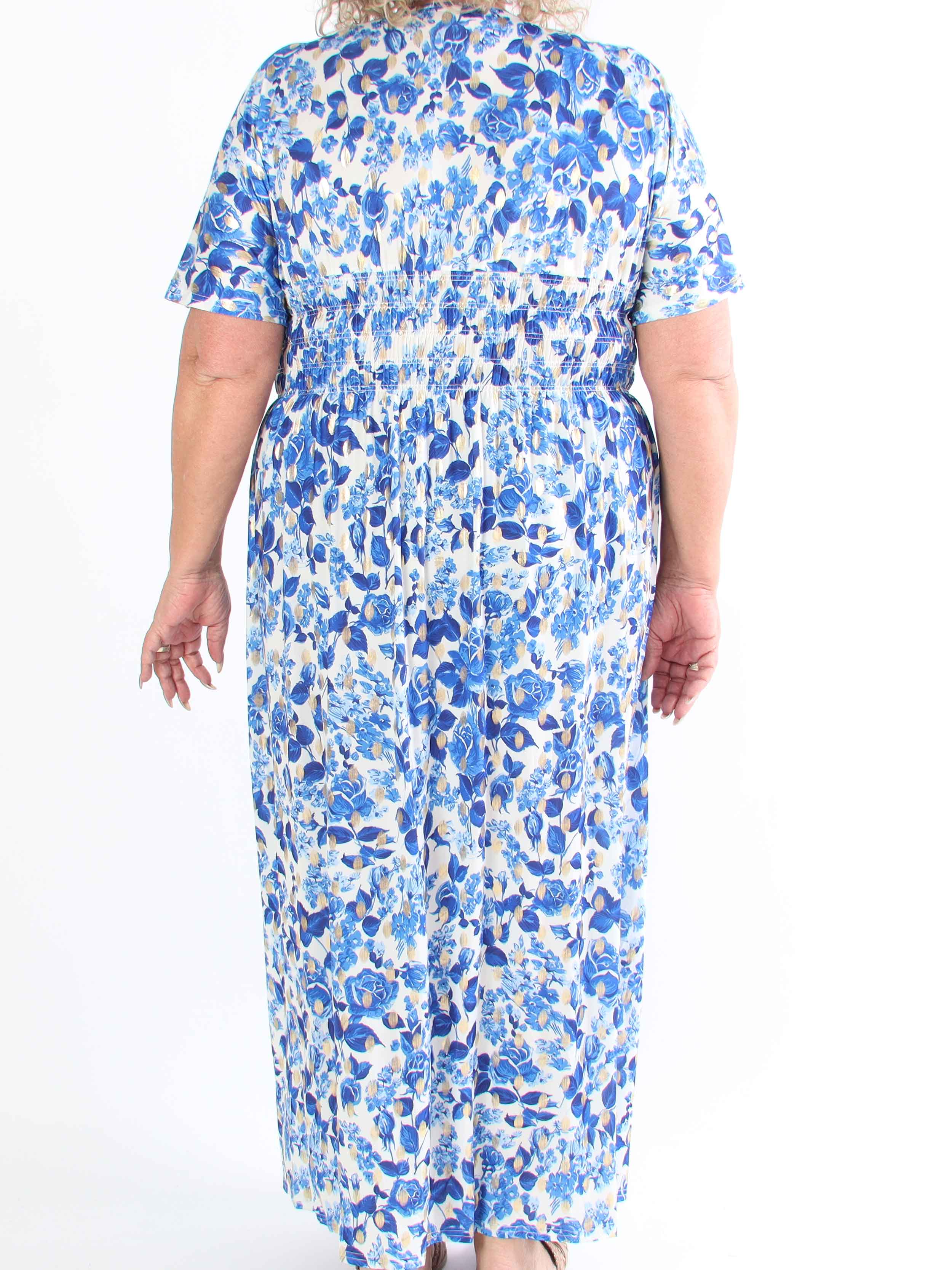 Pams Small Rose - Plus size kjole med blomsterprint og guld detaljer