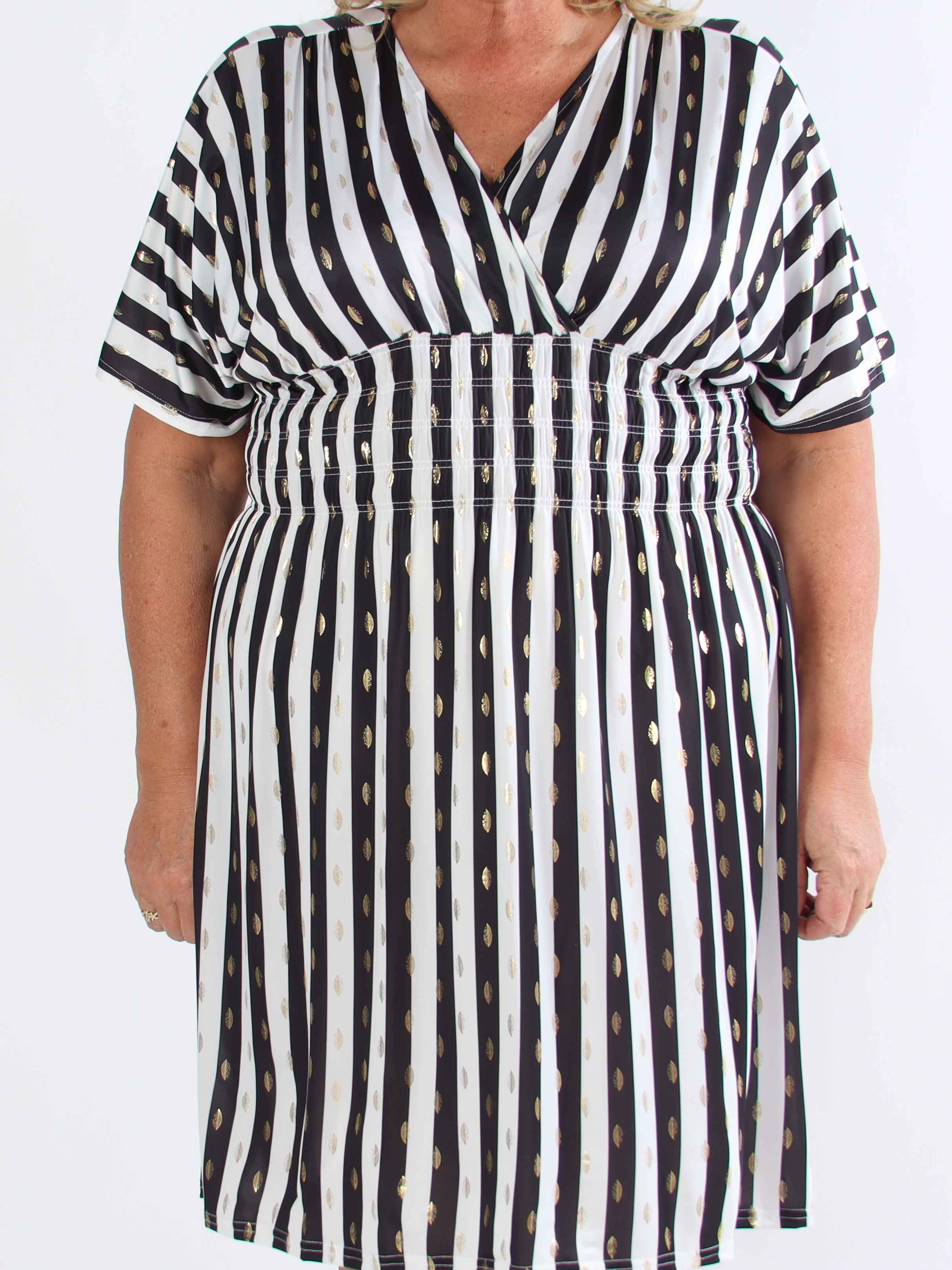 Pams Stripe Short - Stribet plus size kjole med guld detaljer