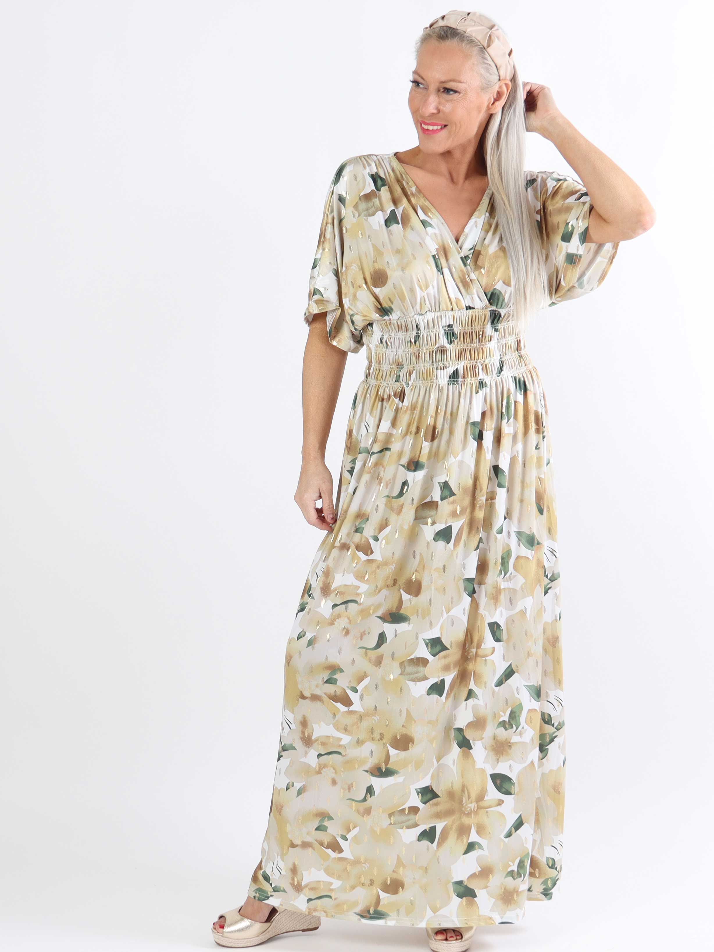 Pams Sweet Flower - Lang elastisk plus size kjole i krølfrit stof