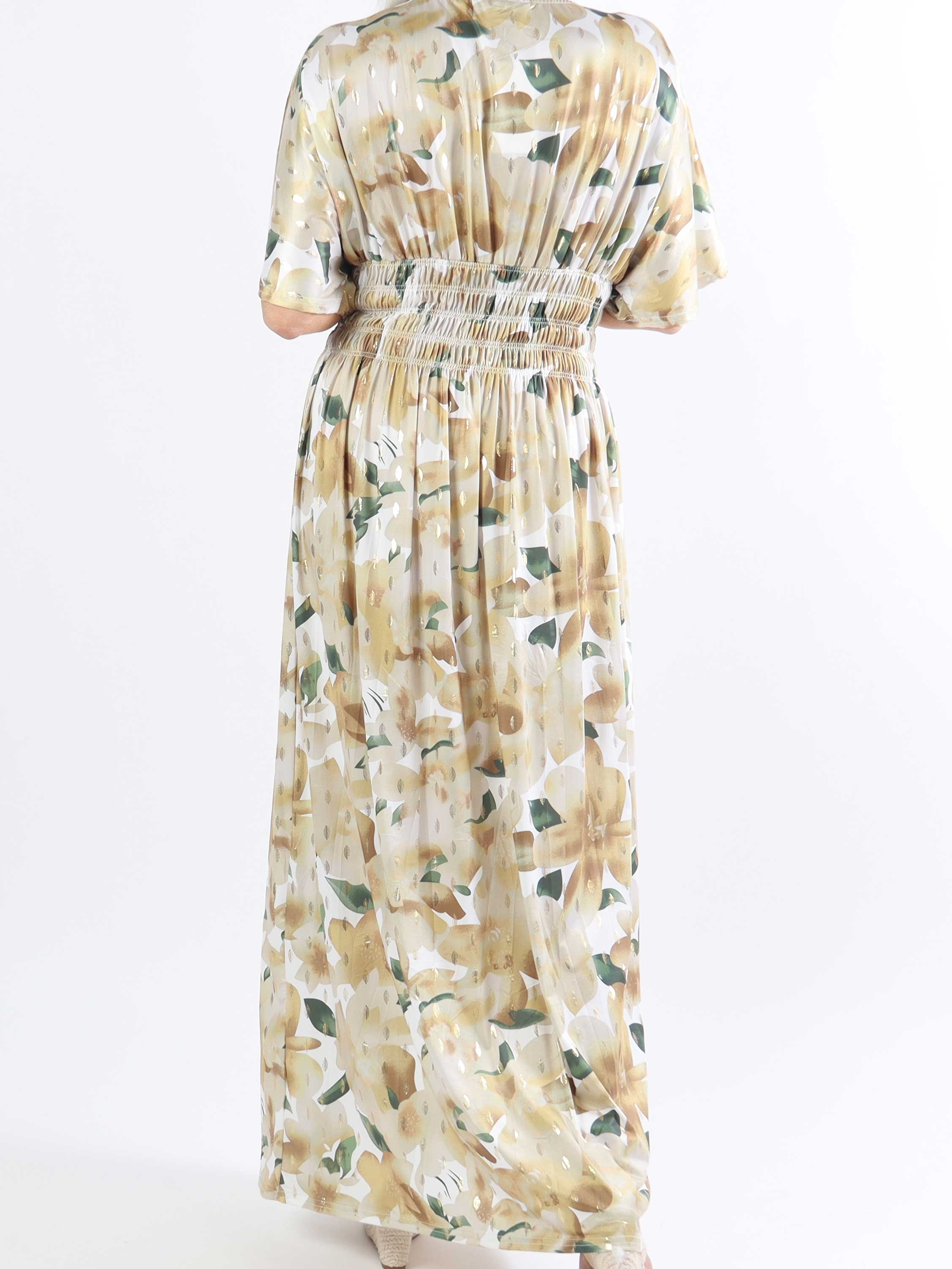 Pams Sweet Flower - Lang elastisk plus size kjole i krølfrit stof