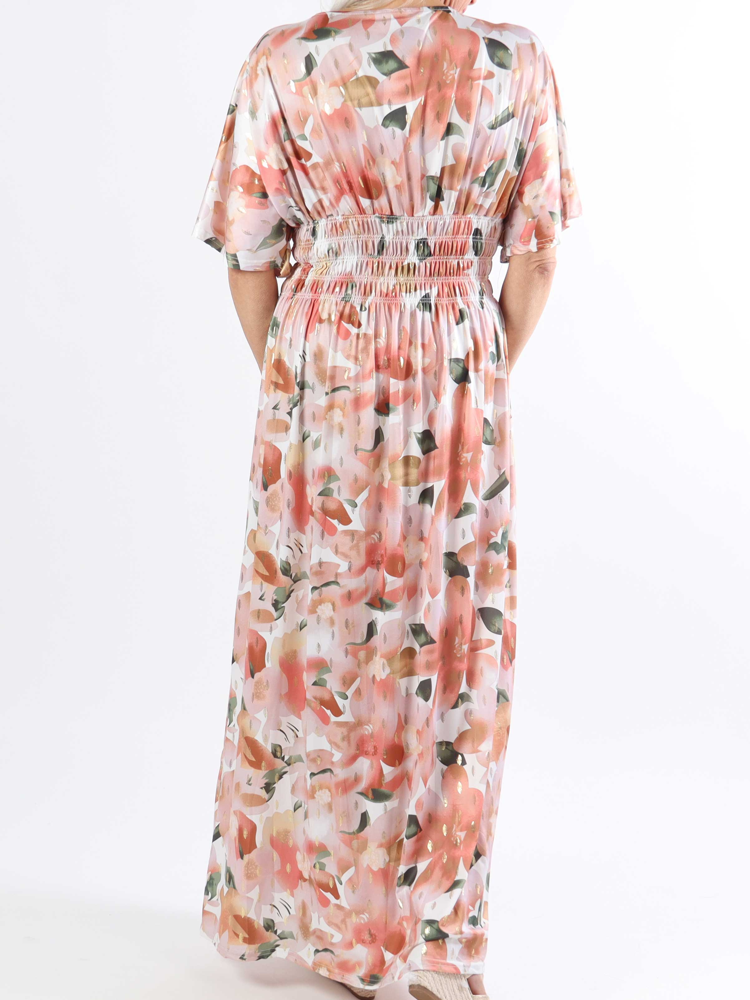 Pams Sweet Flower - Lang elastisk plus size kjole i krølfrit stof