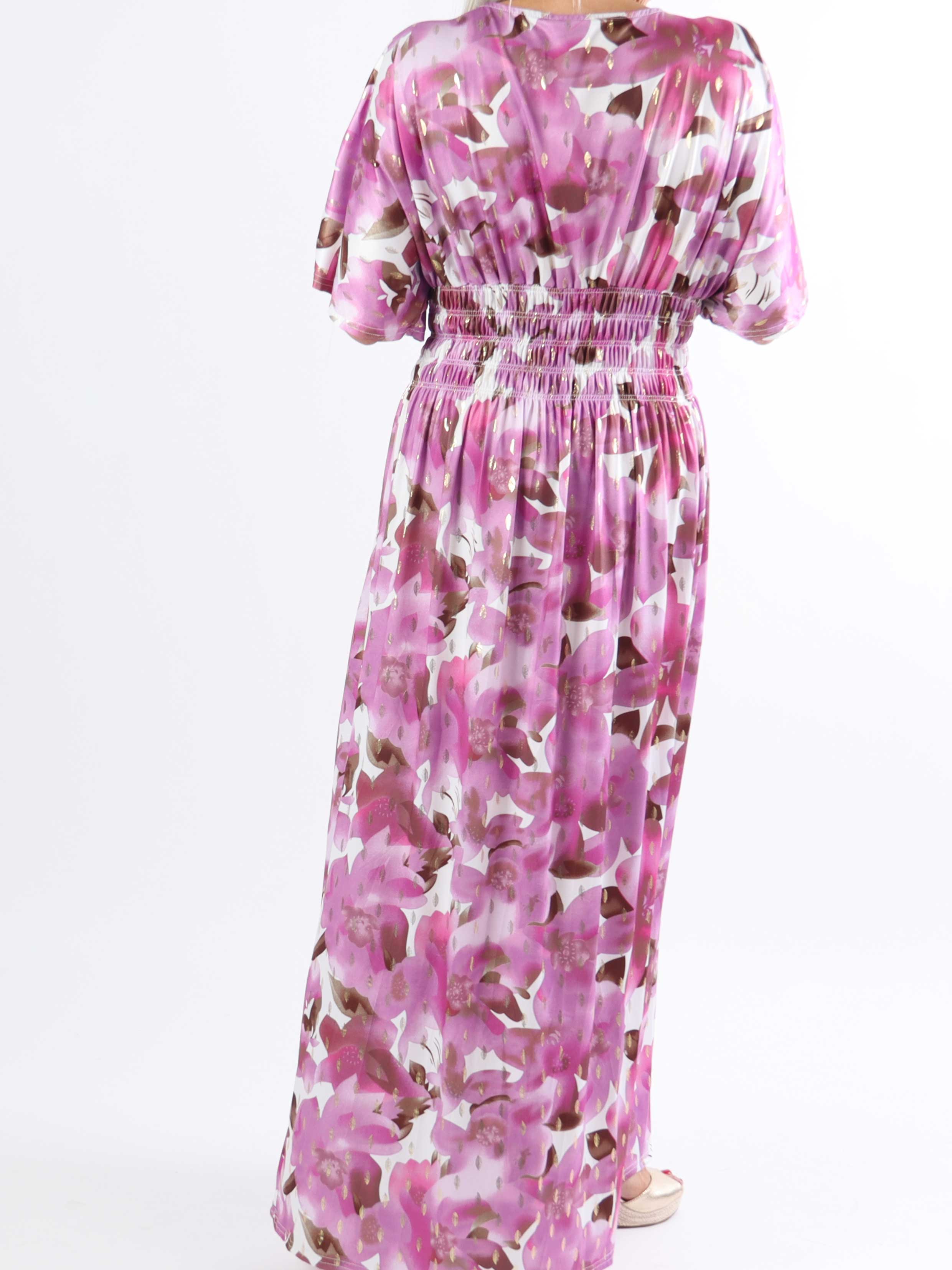 Pams Sweet Flower - Lang elastisk plus size kjole i krølfrit stof