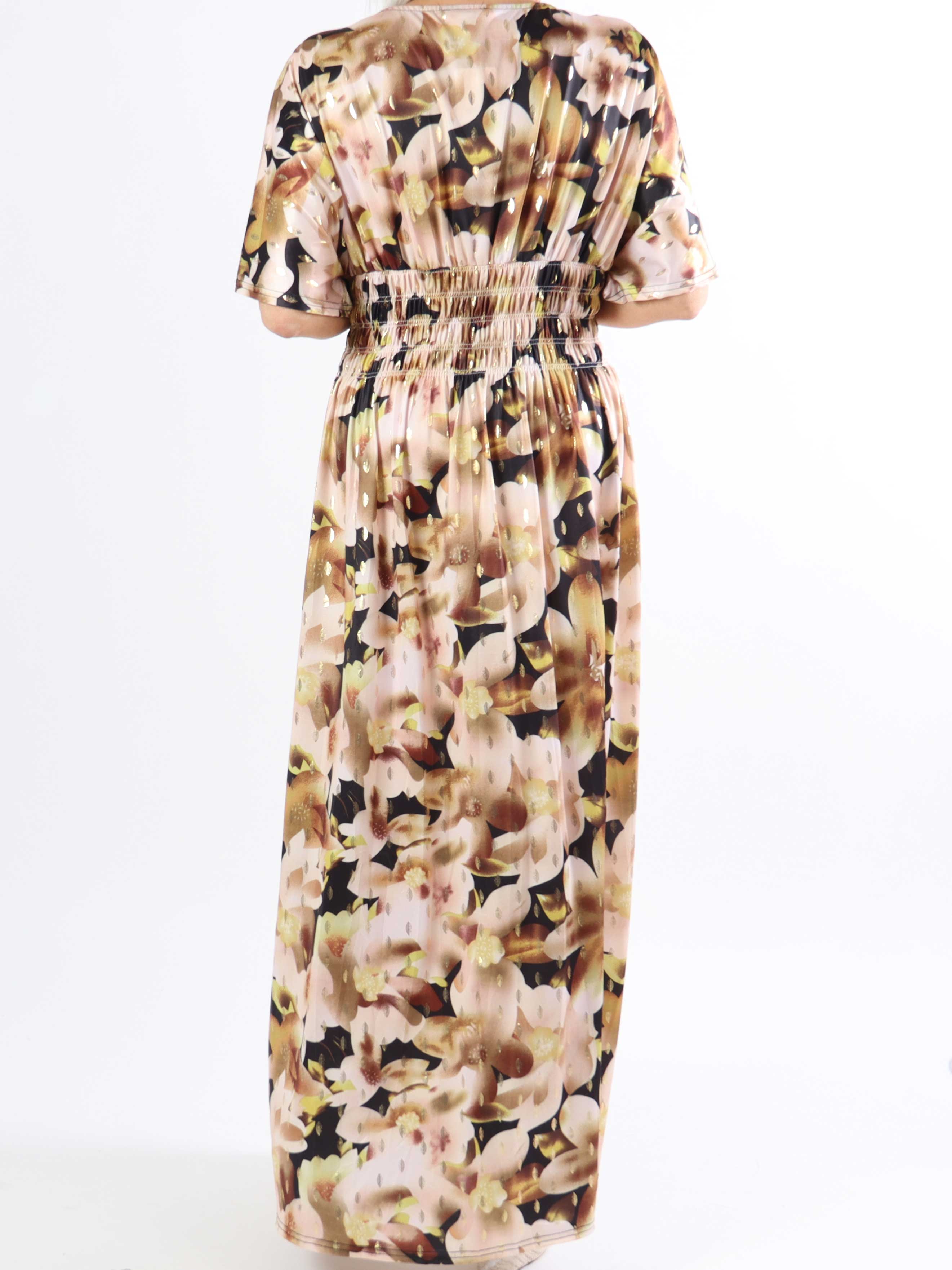 Pams Sweet Flower - Lang elastisk plus size kjole i krølfrit stof