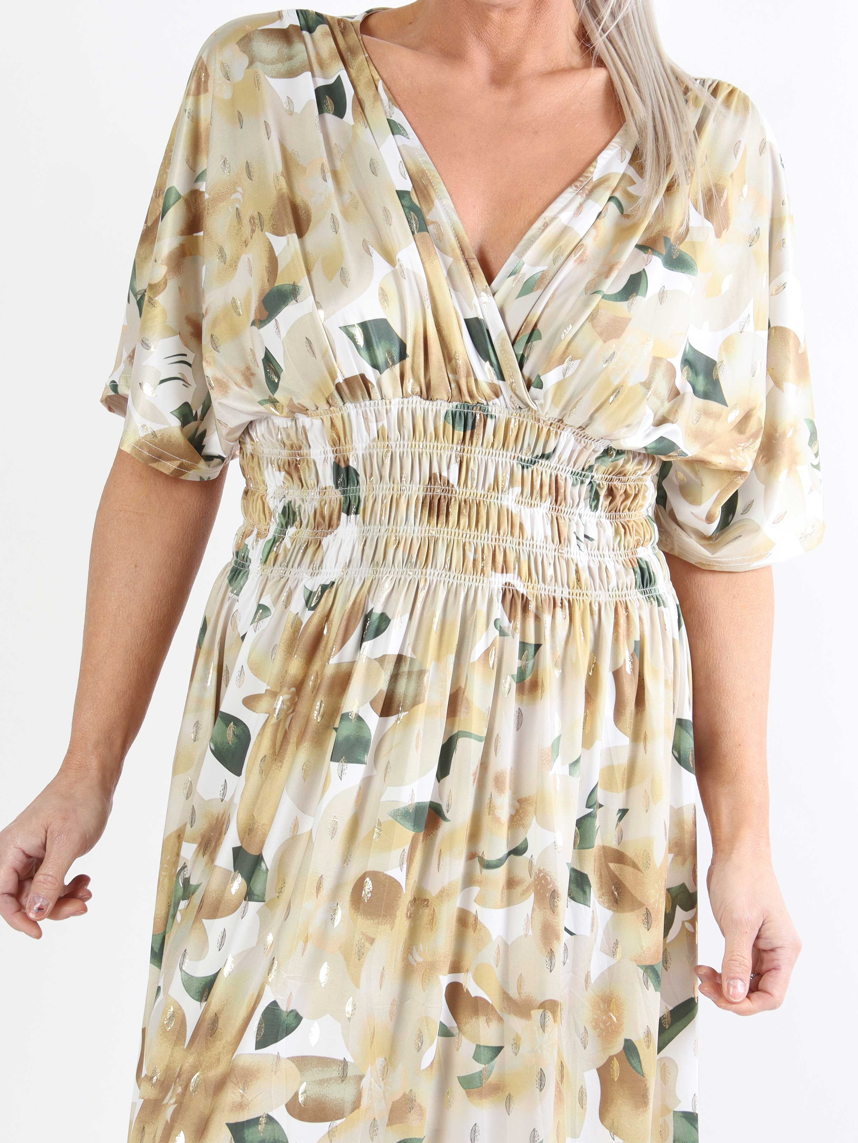 Pams Sweet Flower Midi - Elastisk plus size kjole i krølfrit stof