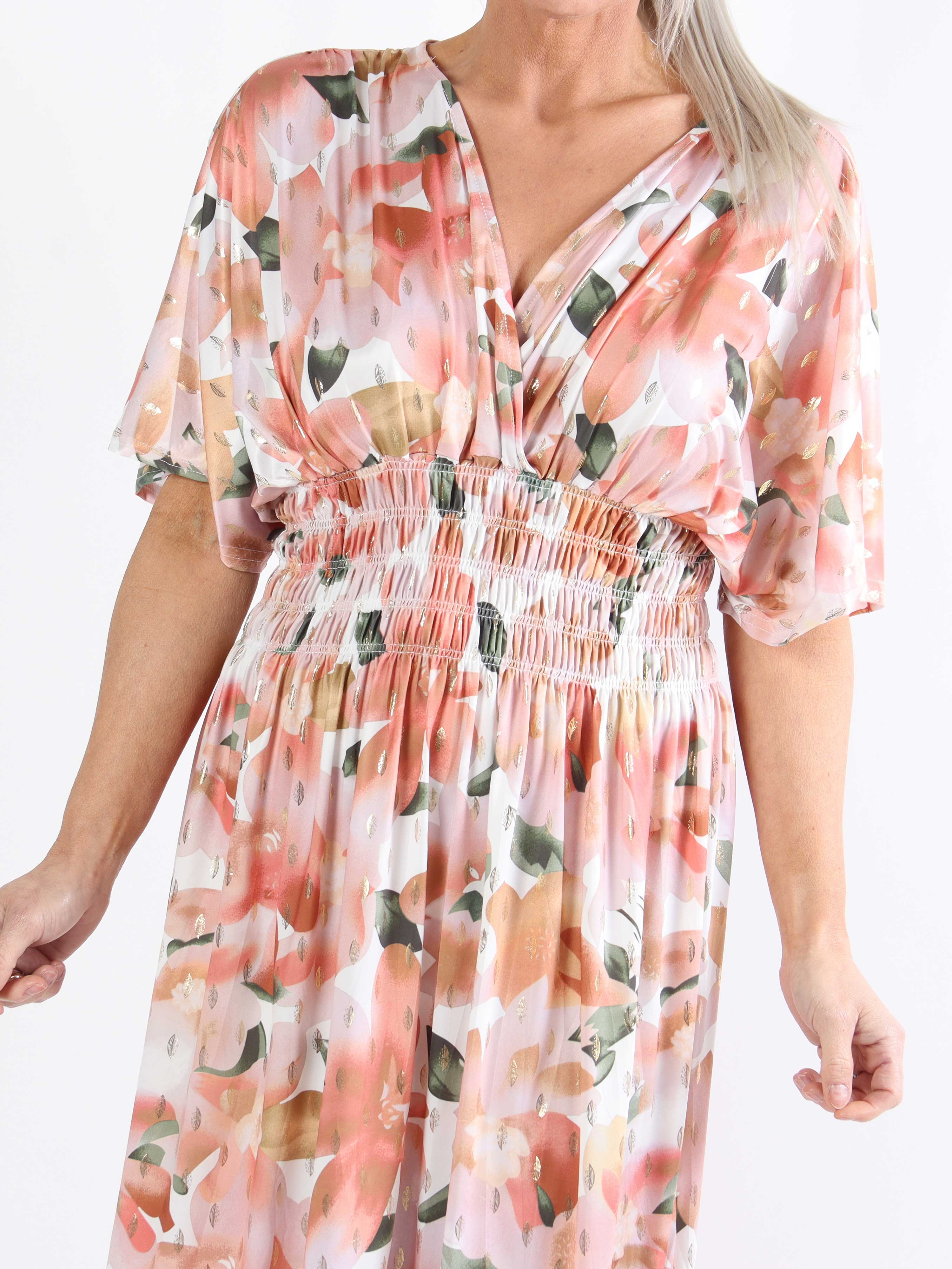 Pams Sweet Flower Midi - Elastisk plus size kjole i krølfrit stof