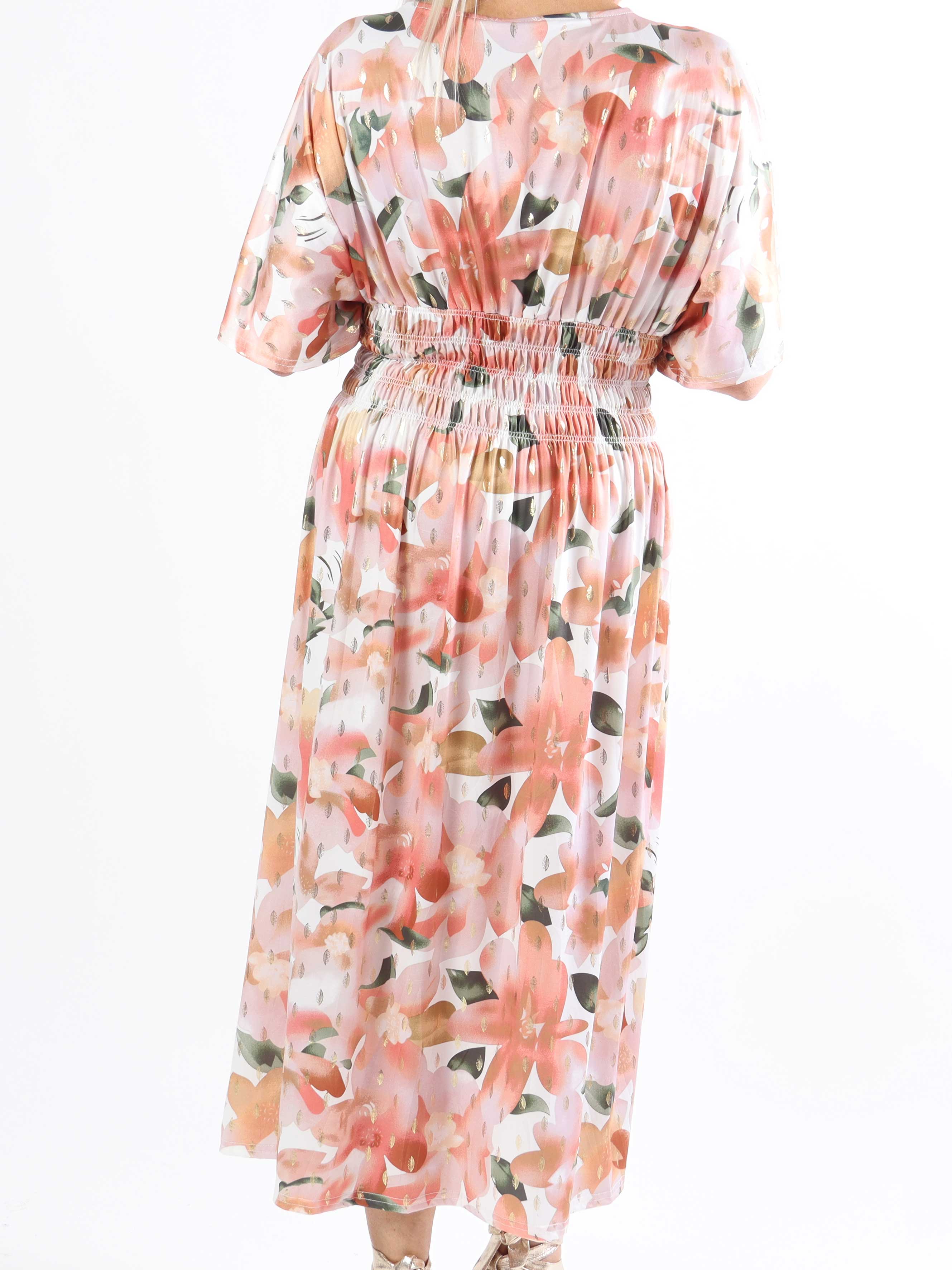 Pams Sweet Flower Midi - Elastisk plus size kjole i krølfrit stof