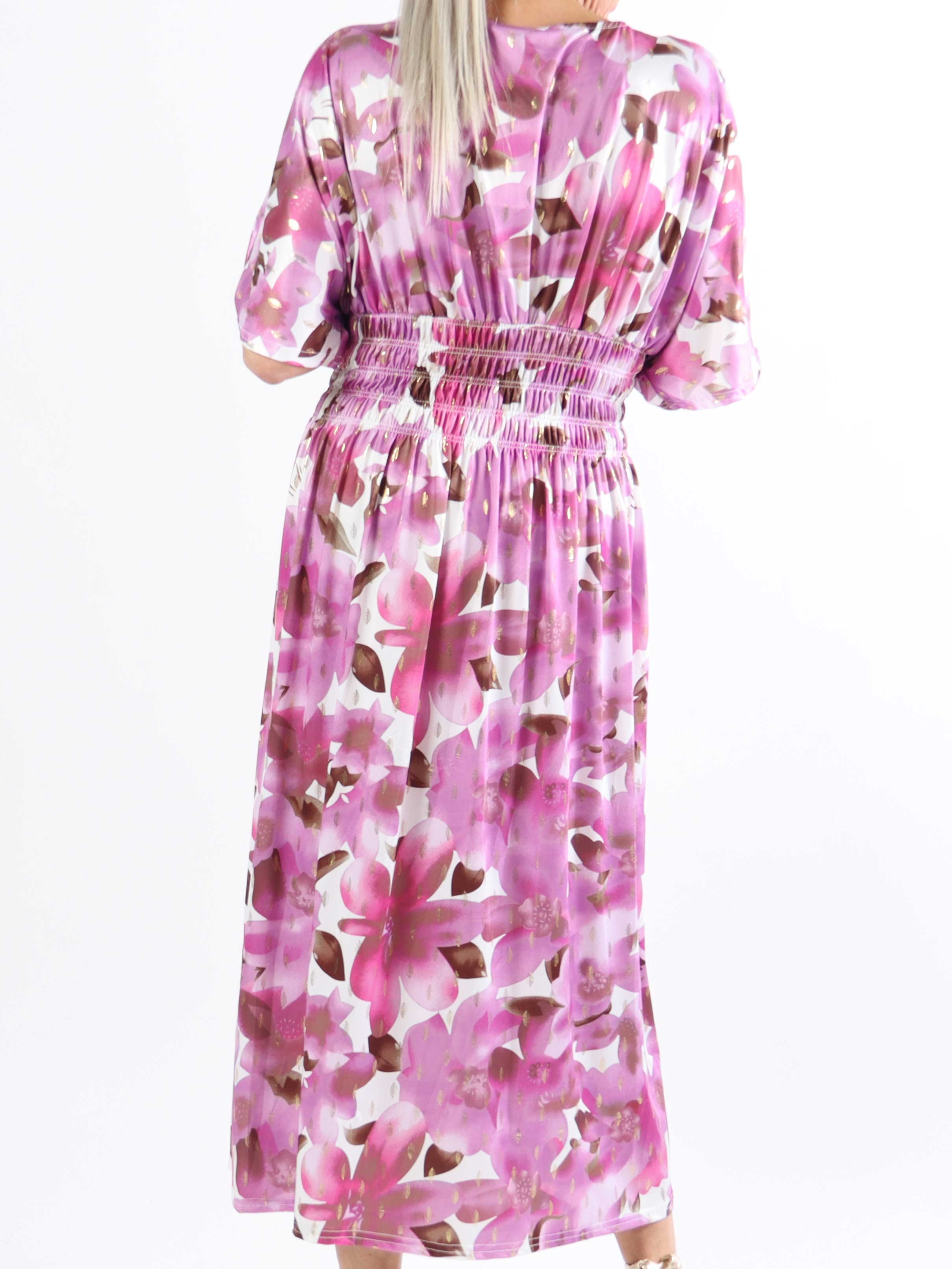 Pams Sweet Flower Midi - Elastisk plus size kjole i krølfrit stof