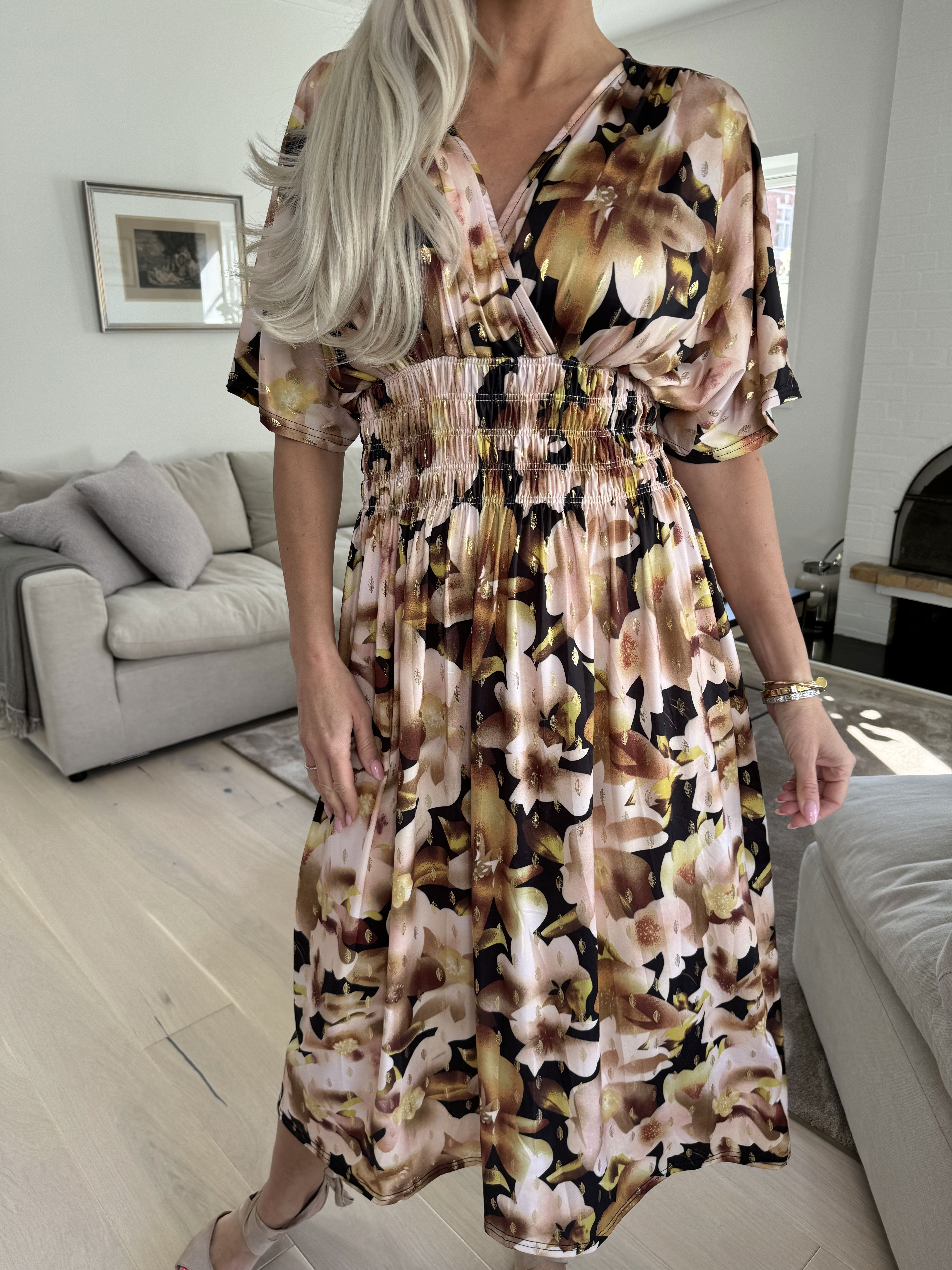 Pams Sweet Flower Midi - Elastisk kjole i krølfrit stof