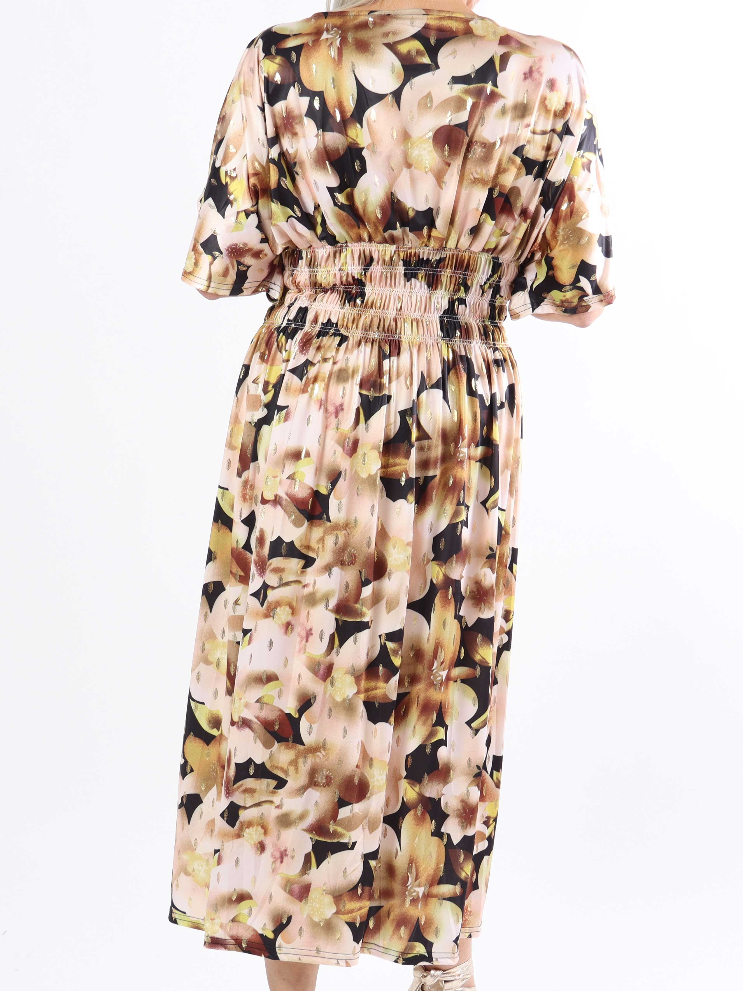 Pams Sweet Flower Midi - Elastisk plus size kjole i krølfrit stof