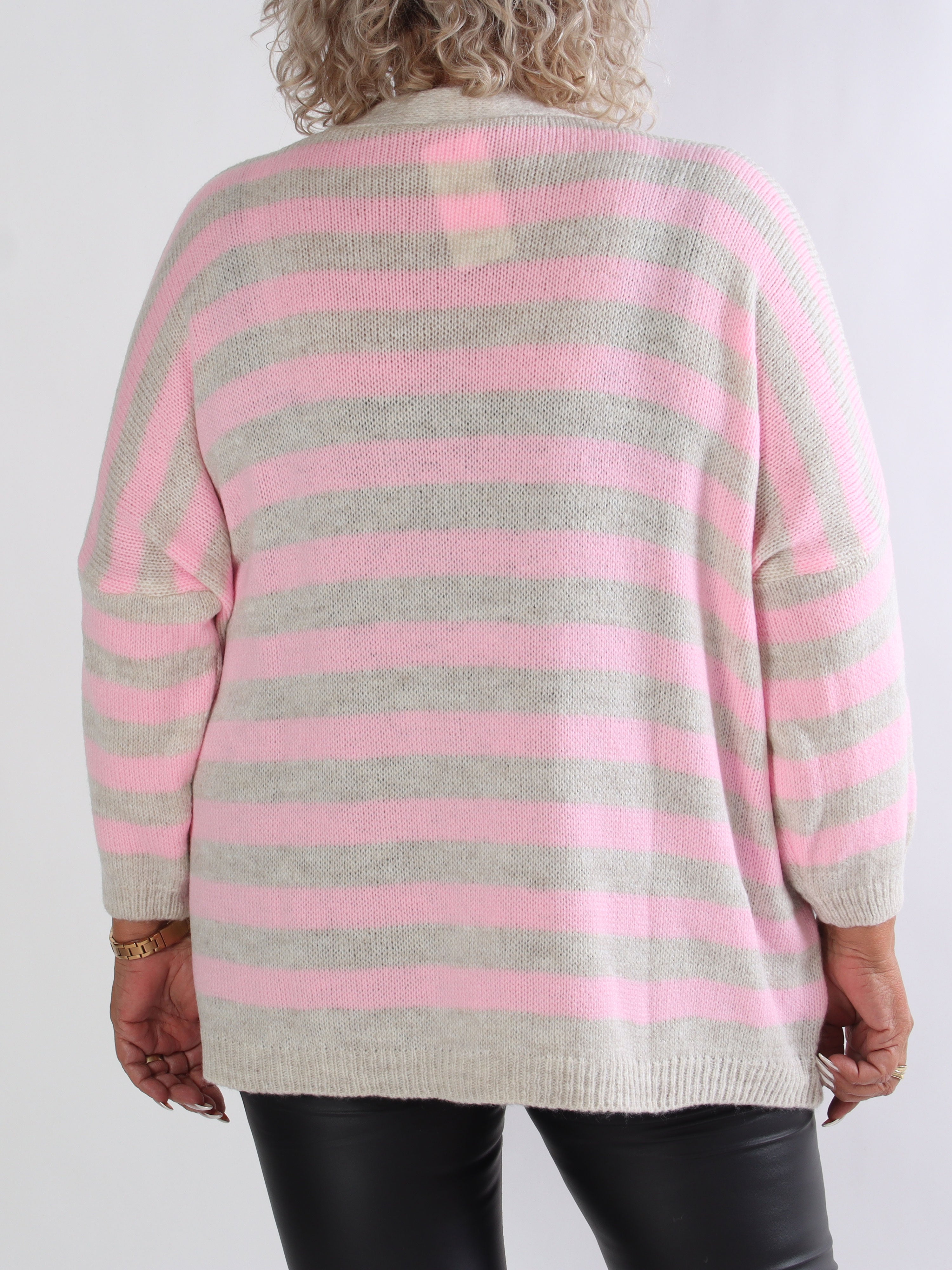 Parker - Stribet plus size strikcardigan med store guld knapper