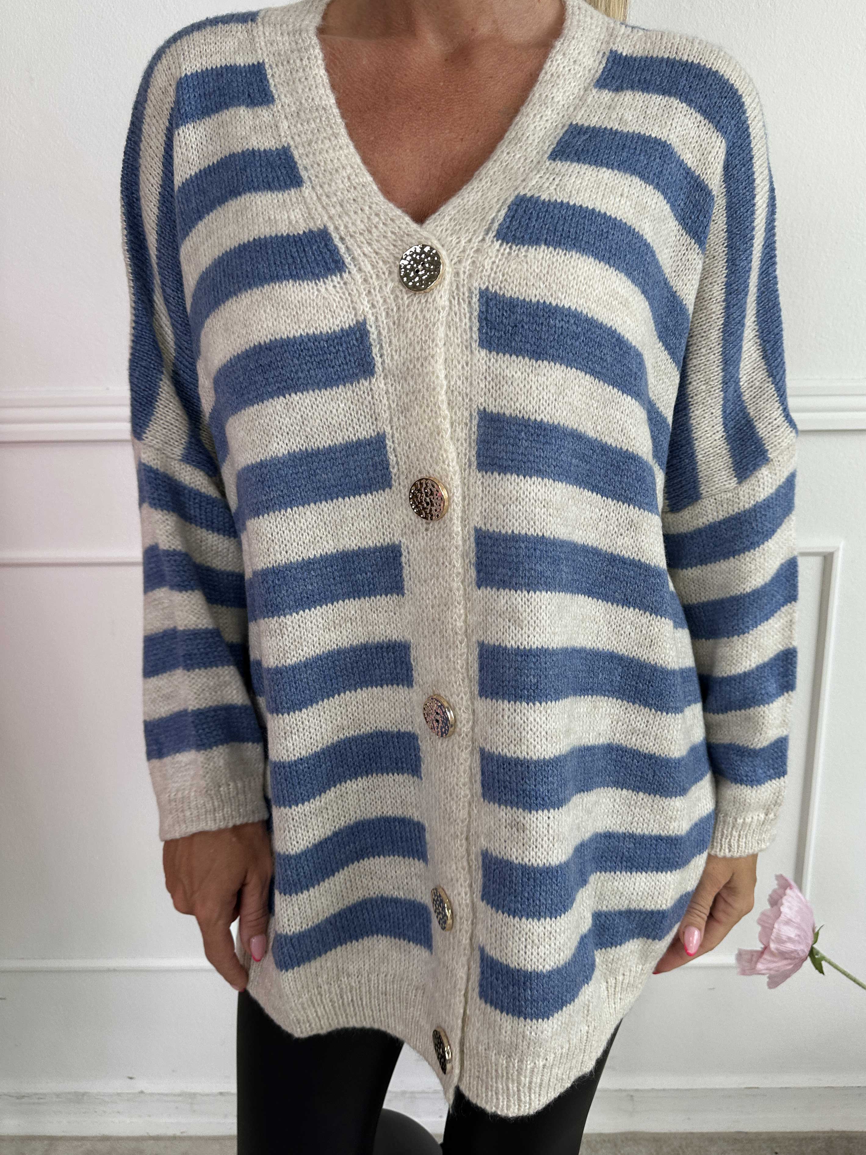 Parker - Stribet strikcardigan med store guld knapper