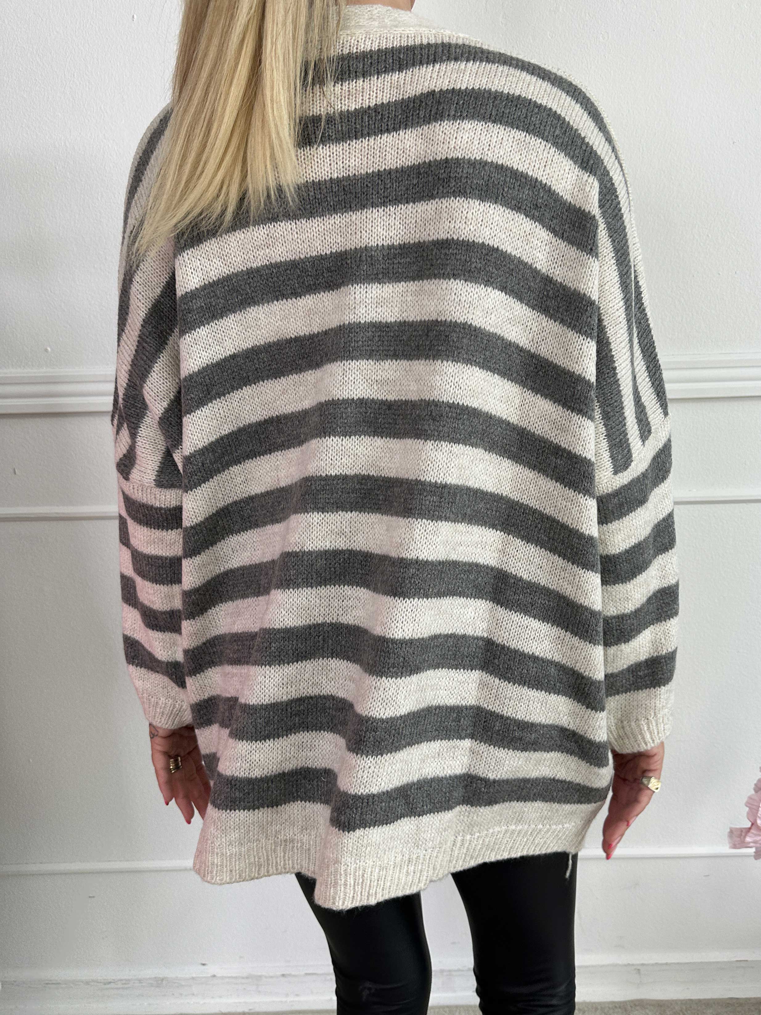 Parker - Stribet strikcardigan med store guld knapper