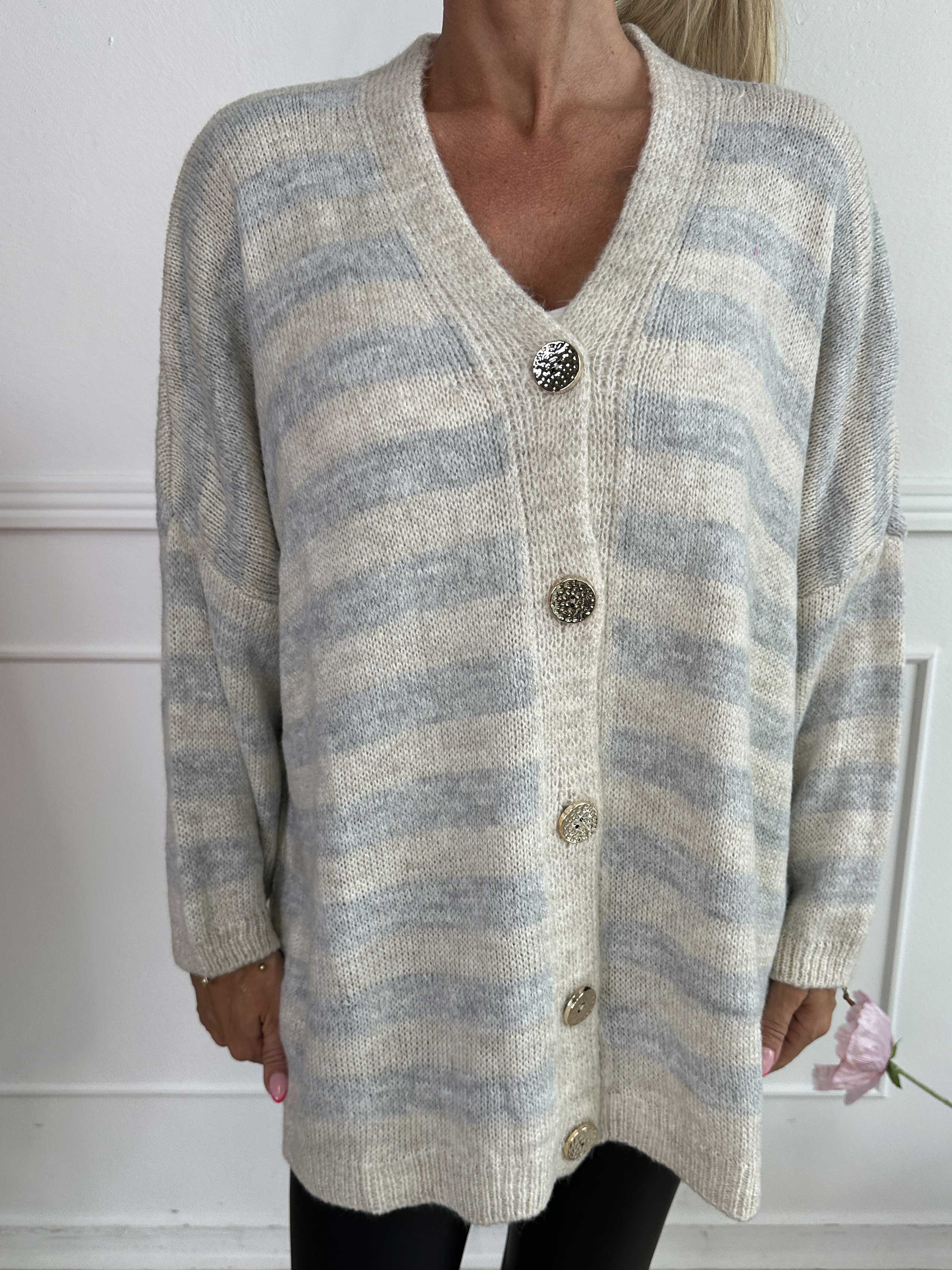 Parker - Stribet strikcardigan med store guld knapper