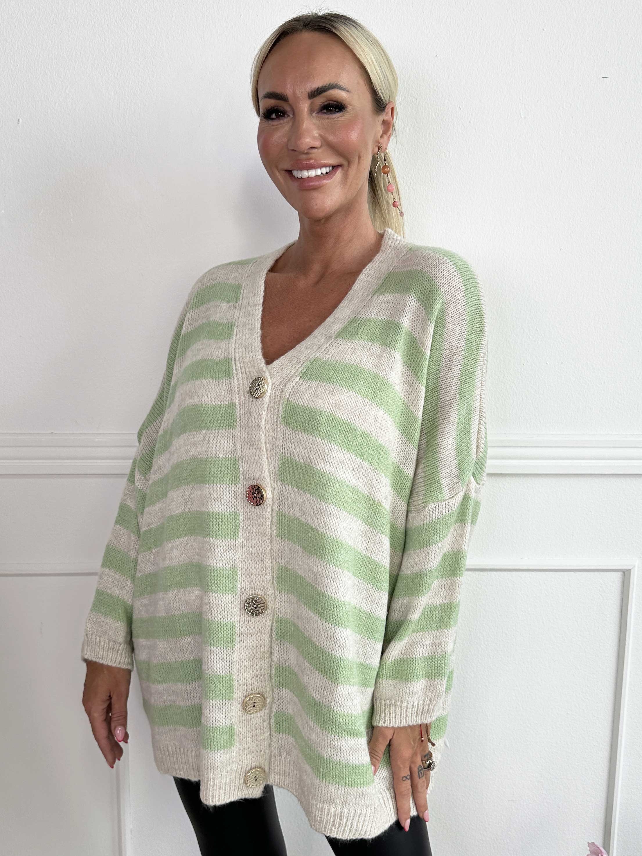 Parker - Stribet strikcardigan med store guld knapper