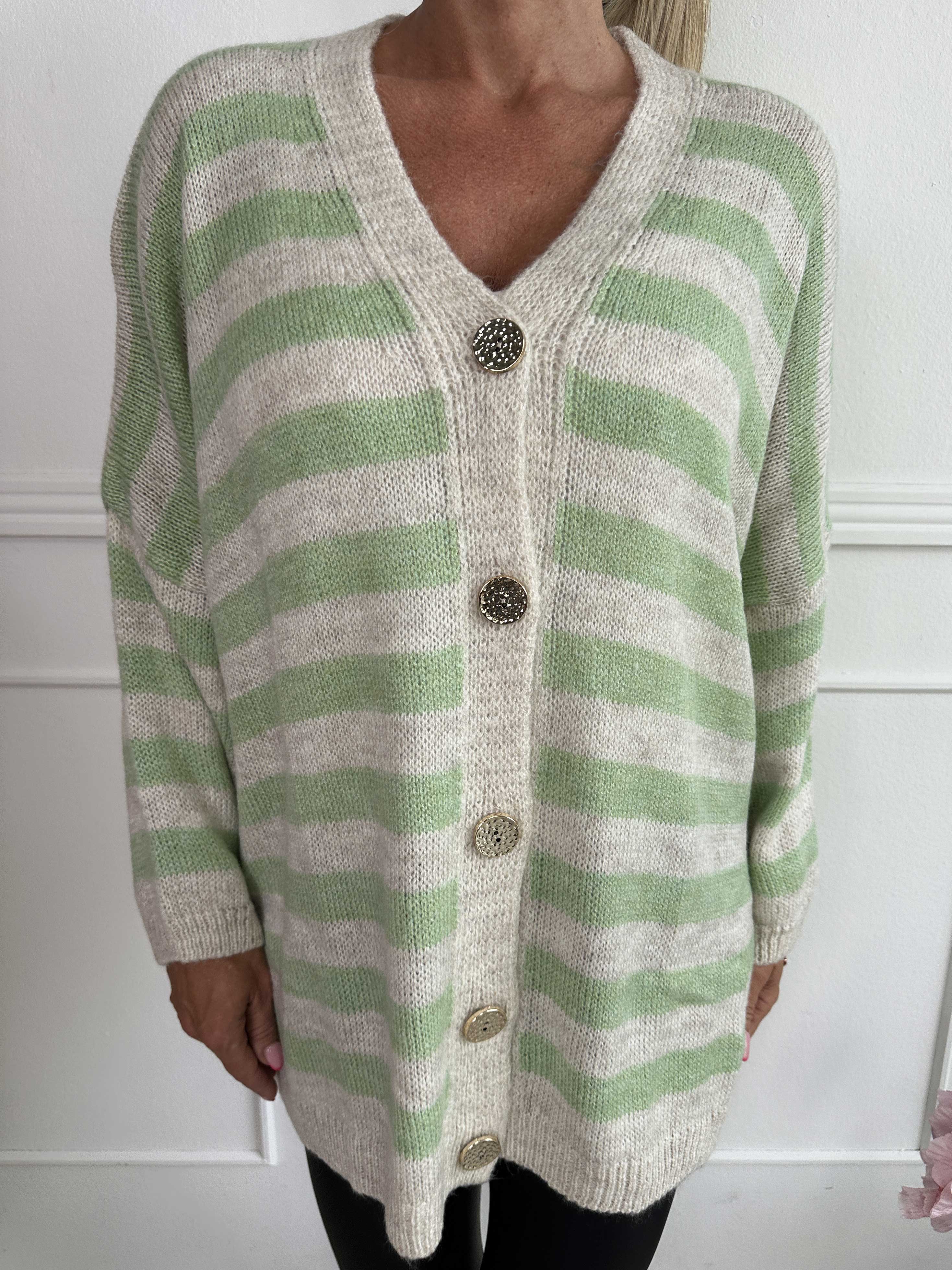 Parker - Stribet strikcardigan med store guld knapper