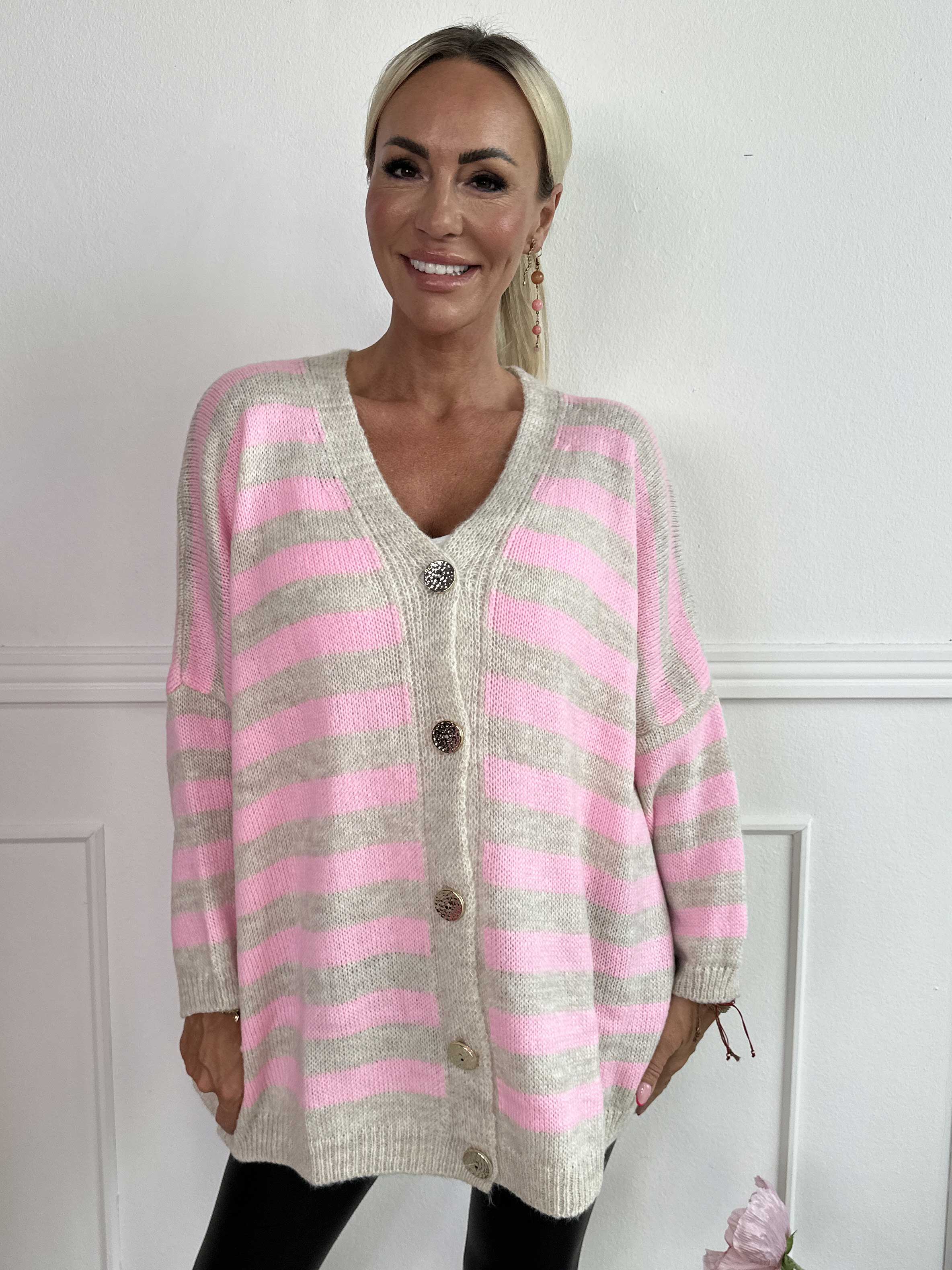 Parker - Stribet strikcardigan med store guld knapper