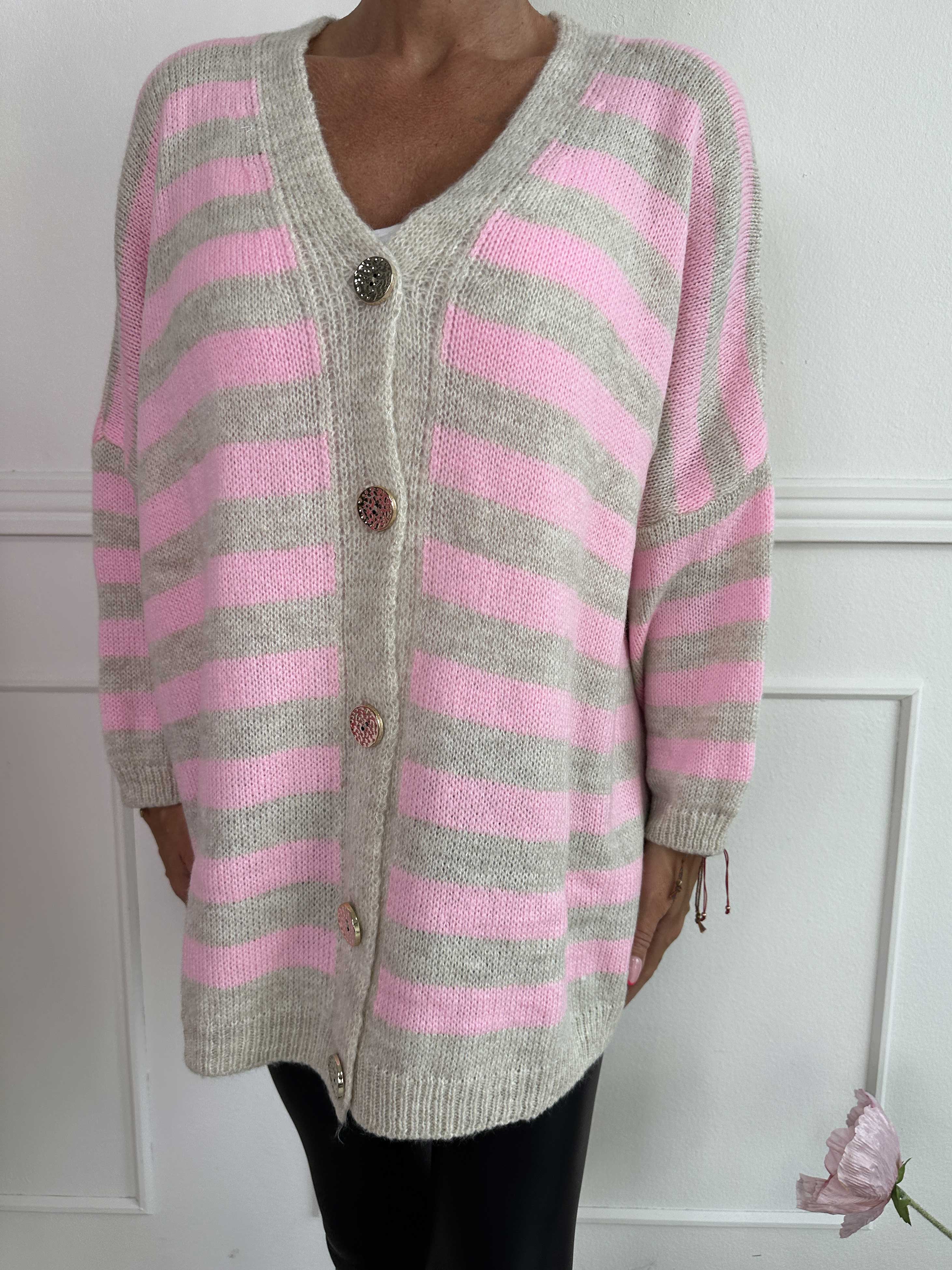 Parker - Stribet strikcardigan med store guld knapper