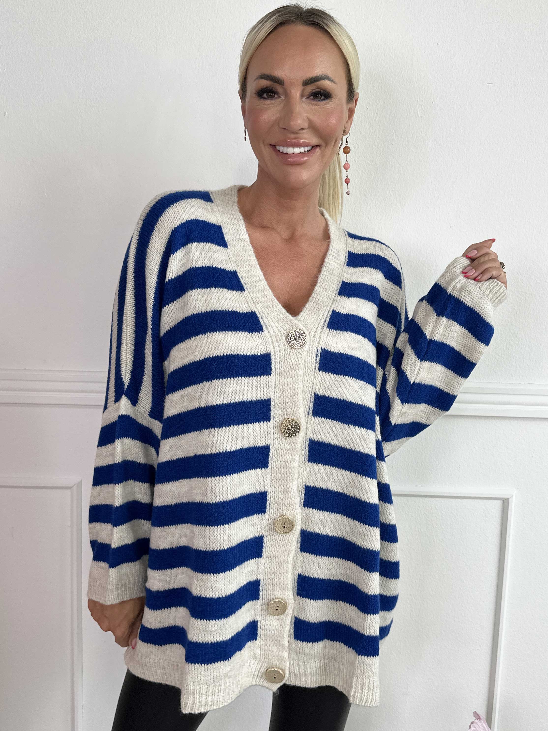 Parker - Stribet strikcardigan med store guld knapper