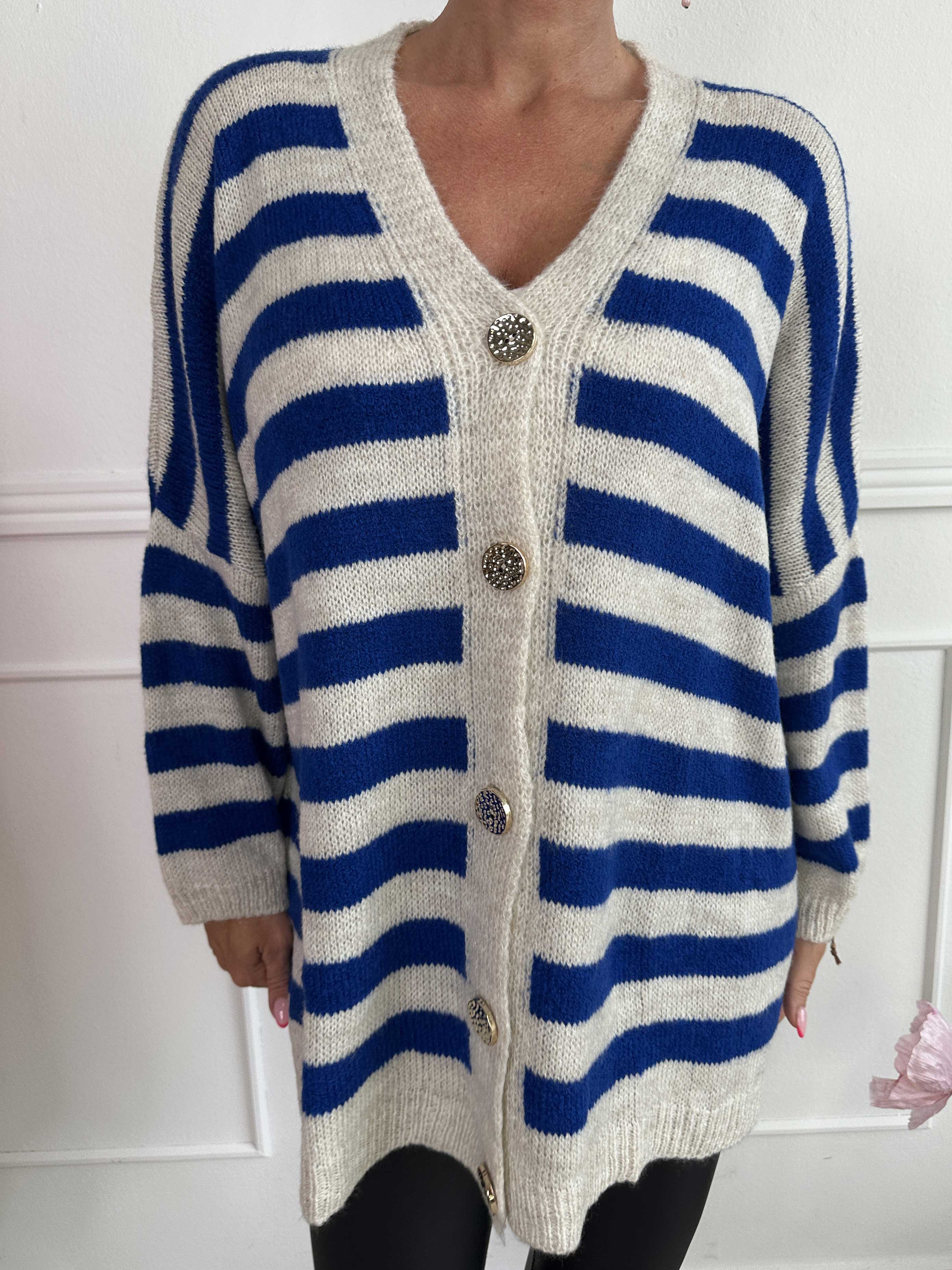 Parker - Stribet strikcardigan med store guld knapper